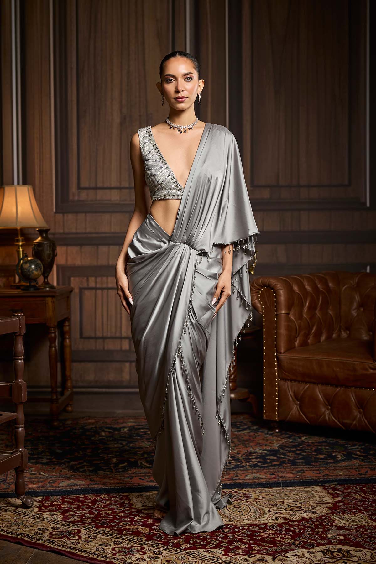 Silver Embellished Blouse And Pre-Draped Saree Set