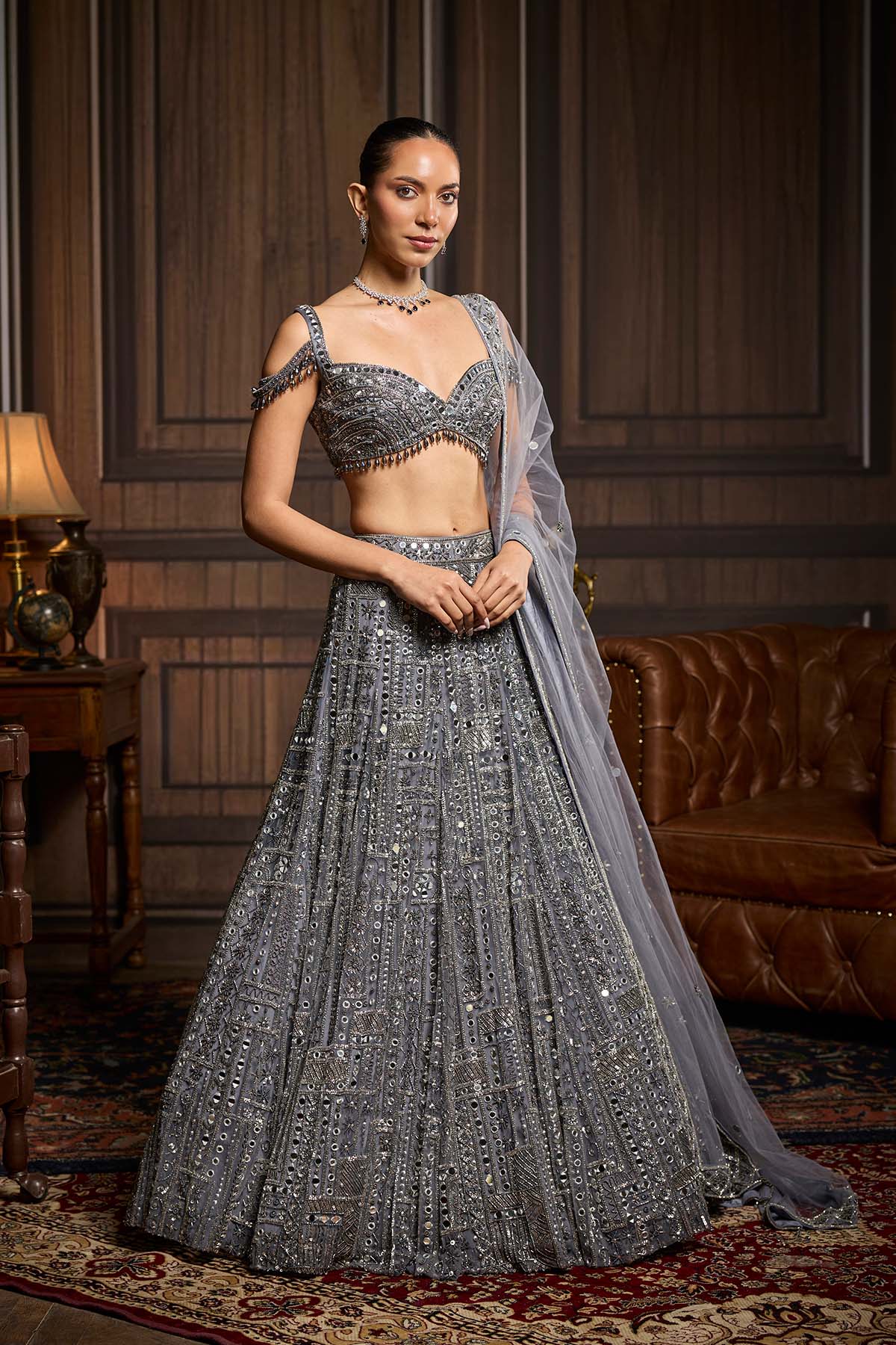 Gunmetal Embellished Mirrorwork Lehenga Set