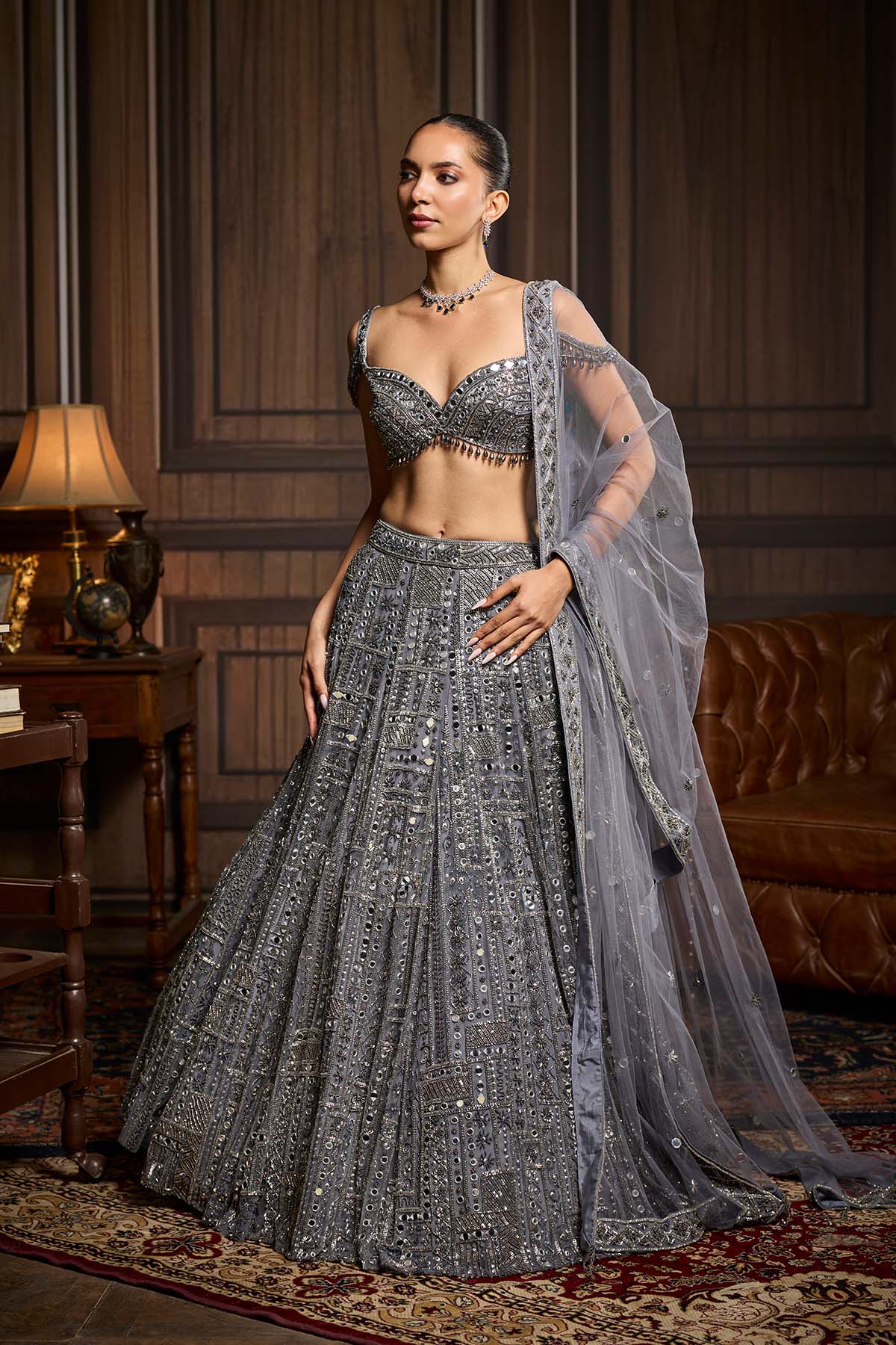 Gunmetal Embellished Mirrorwork Lehenga Set