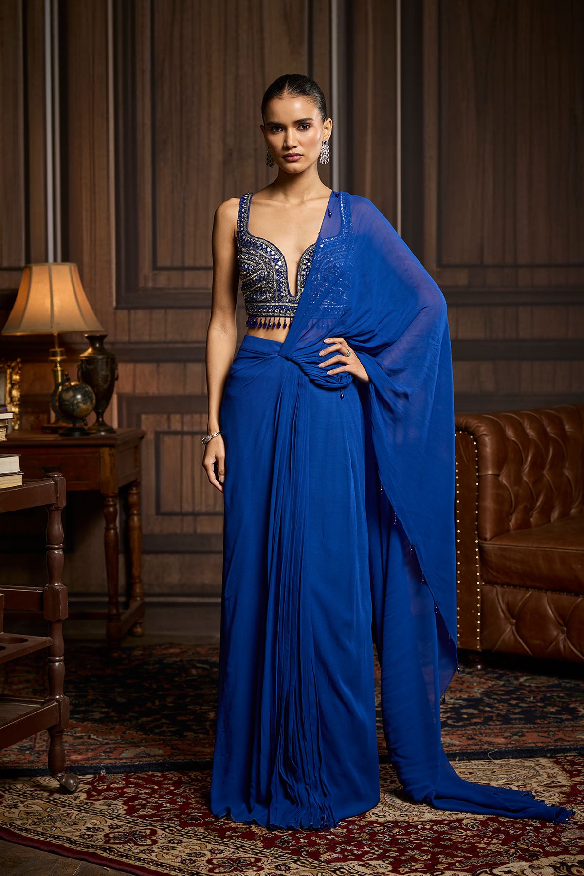 Electric Blue Embellished Blouse And Pre-Draped Skirt Saree Set