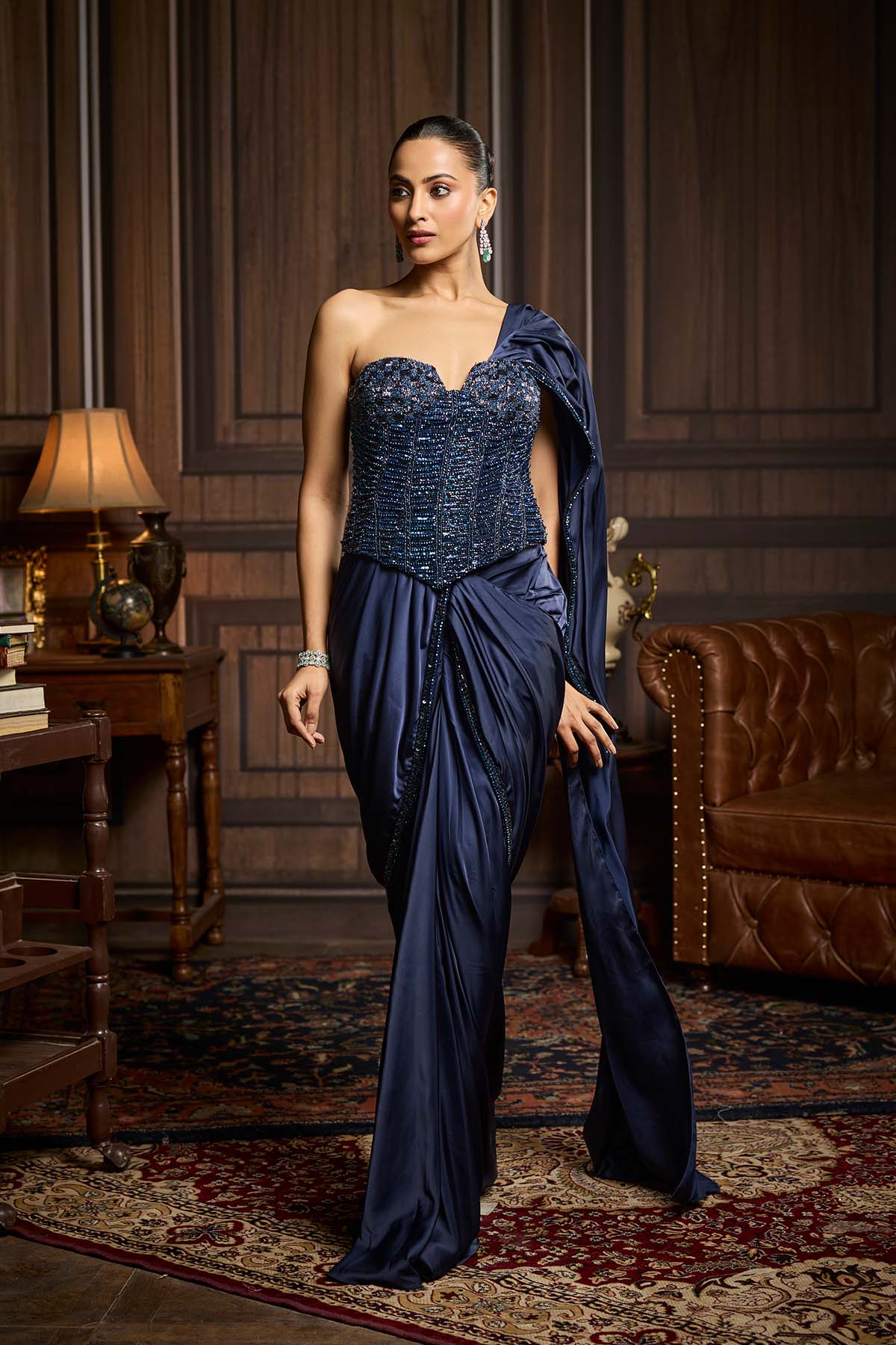 Midnight Blue Embellished Corset And Solid Draped Dhoti Saree Set