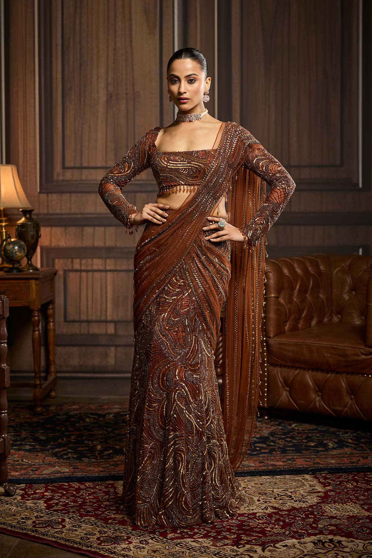 Metallic Gold Embellished Skirt Saree Set