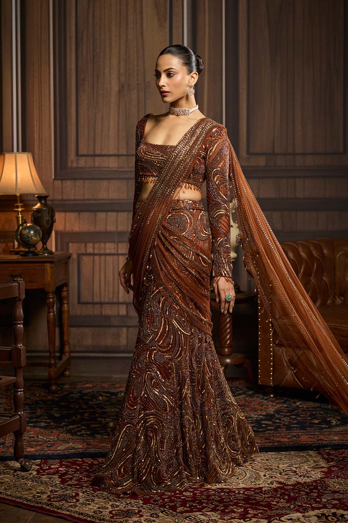 Metallic Gold Embellished Skirt Saree Set