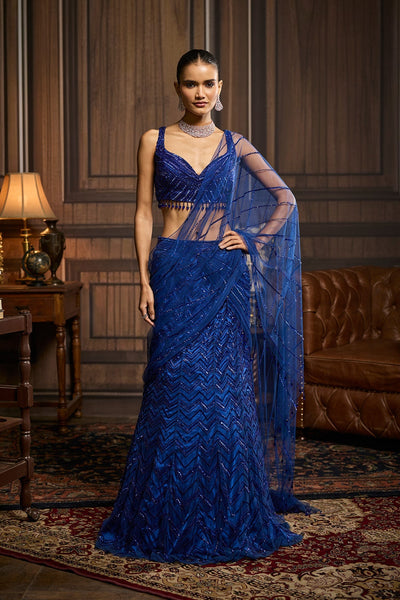 Electric Blue Embellished Pre-Draped Skirt Saree Set - Ready To Ship