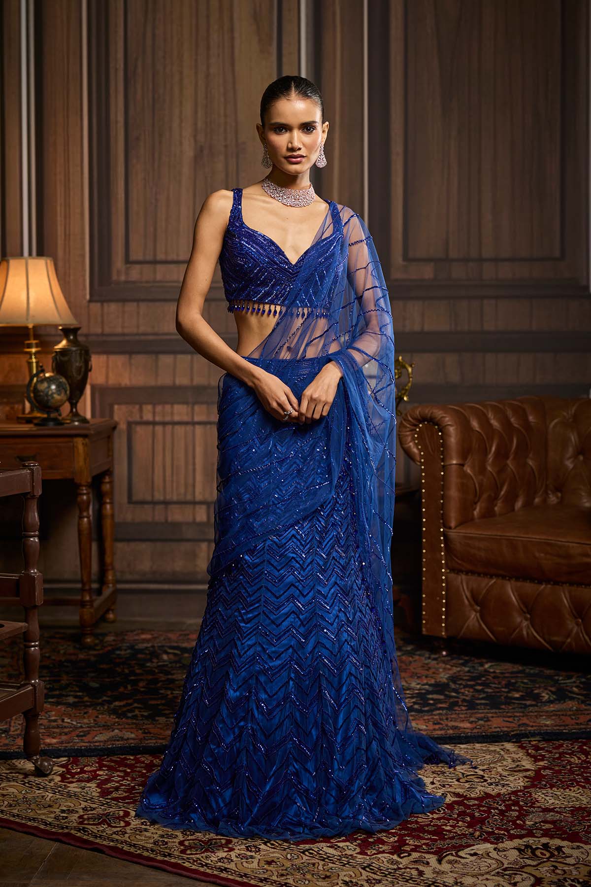 Electric Blue Embellished Pre-Draped Skirt Saree Set