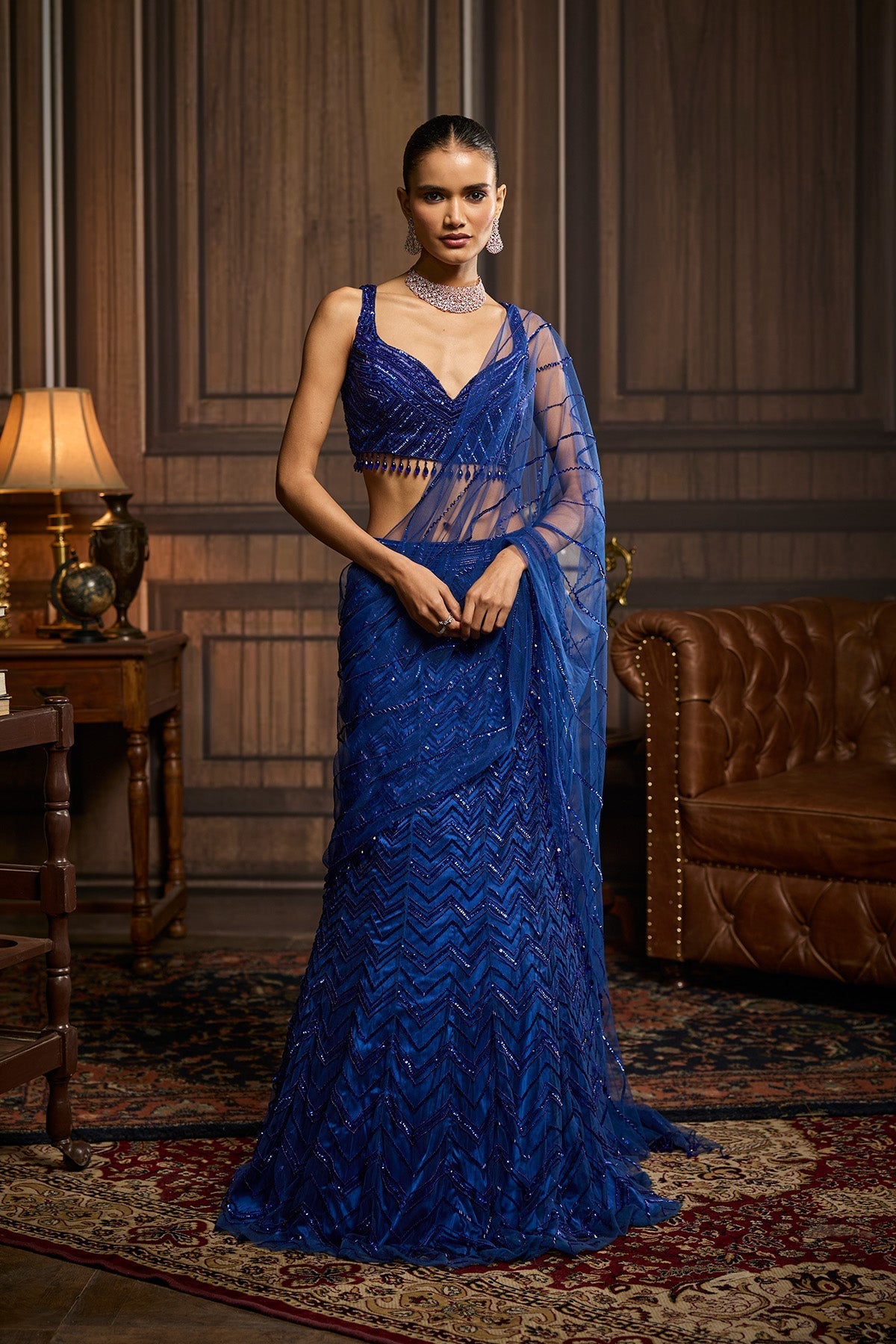 Electric Blue Embellished Pre-Draped Skirt Saree Set - Ready To Ship