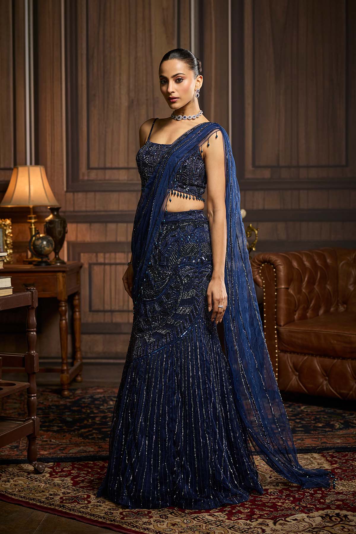 Midnight Blue Embellished Pre-Drapedskirt Saree Set