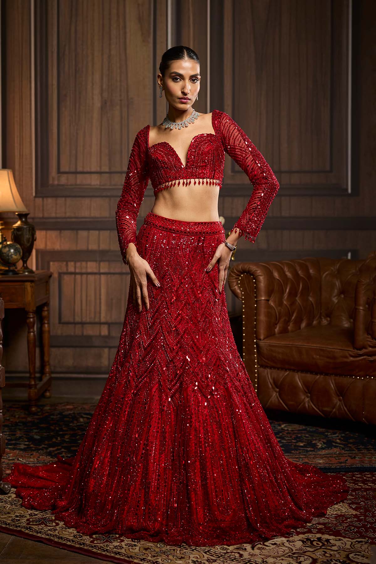 Vermellion Red Embroidered Mermaid Skirt Set