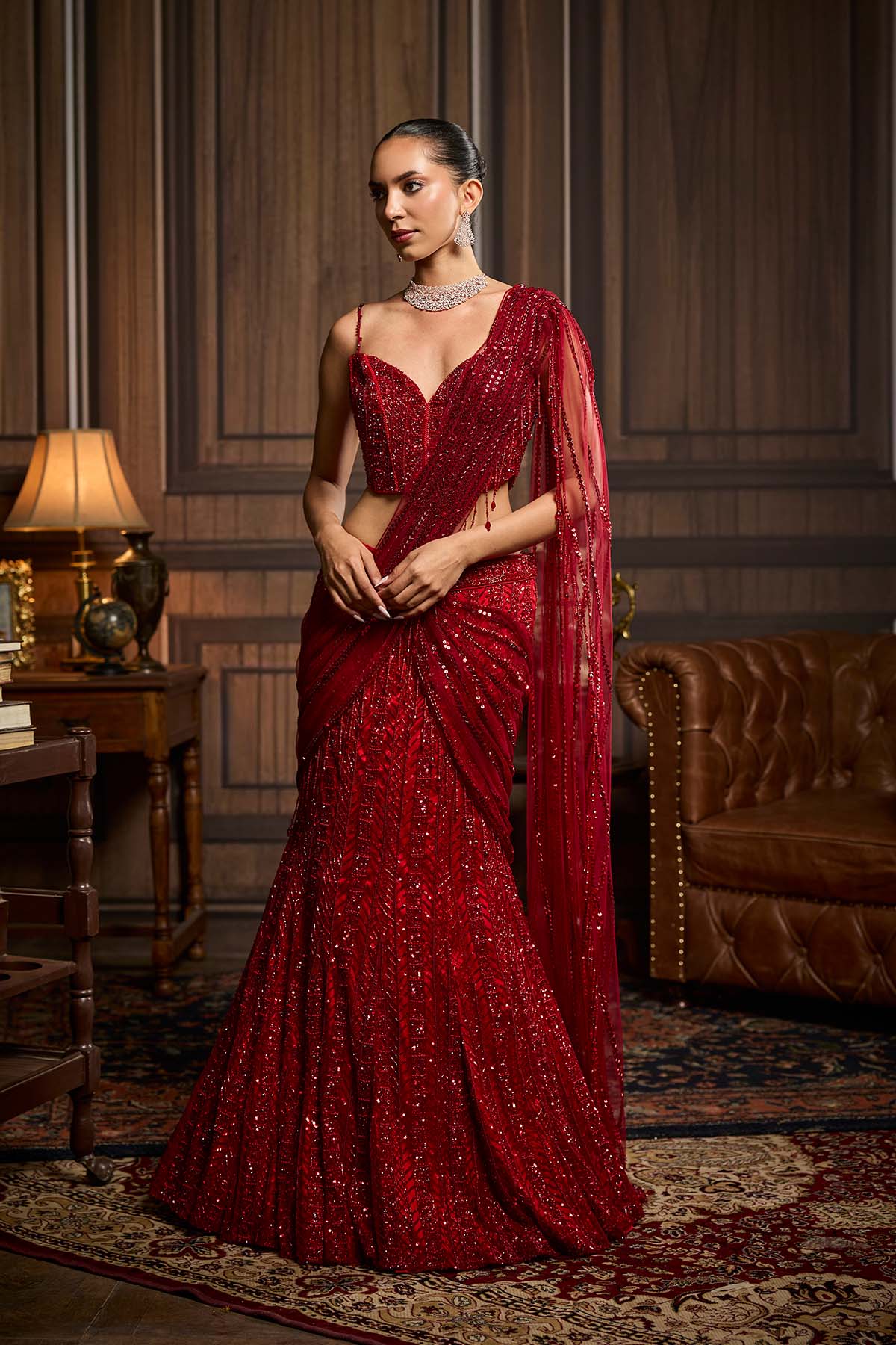 Vermellion Red Embellished Pre-Draped Skirt Saree Set