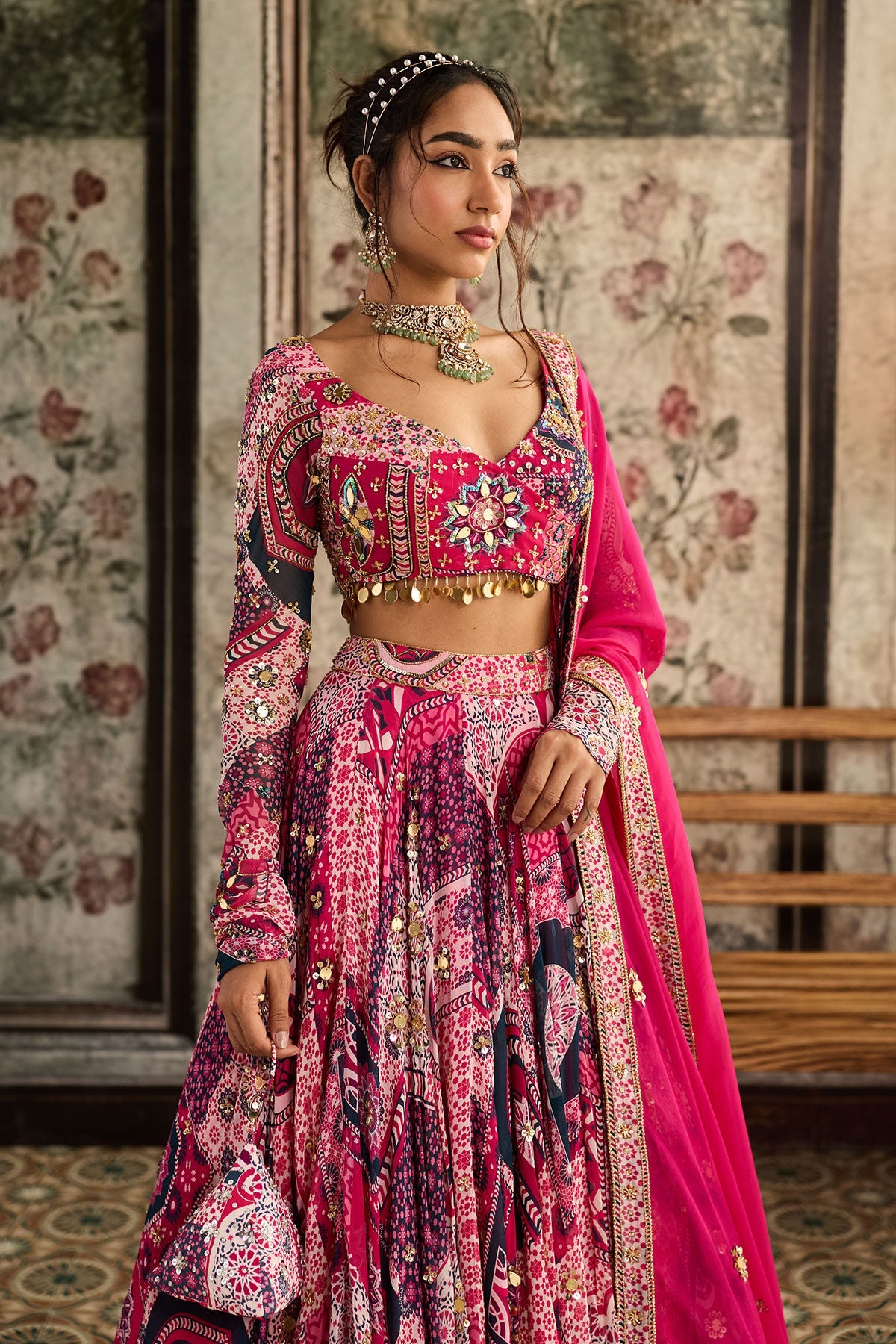 Fuschia Print And Highlighted Angrakha Blouse Lehenga Set