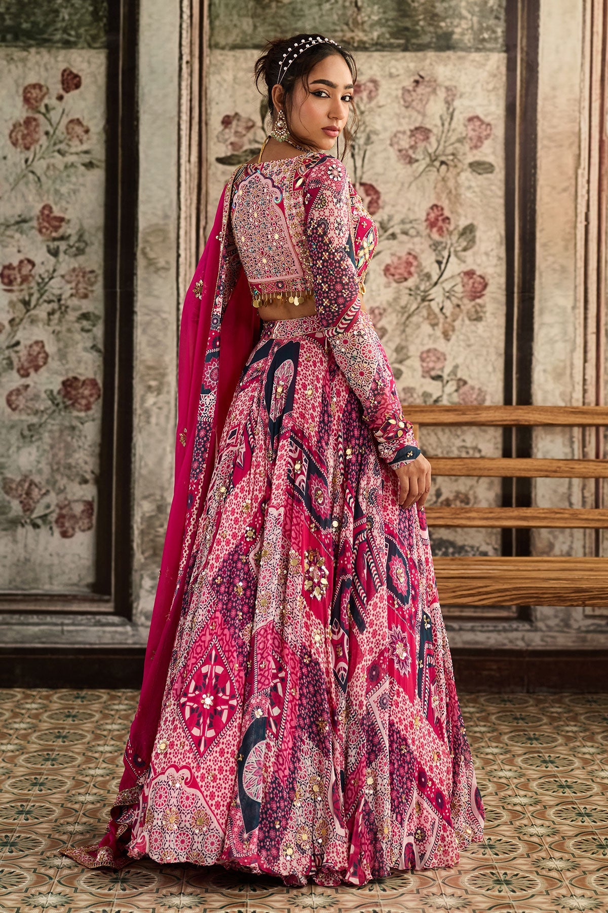 Fuschia Print And Highlighted Angrakha Blouse Lehenga Set