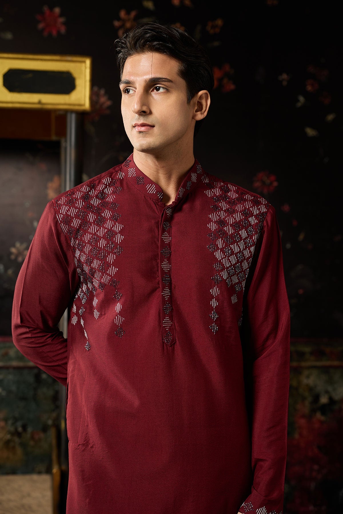 Maroon Embroidered Kurta & Pants