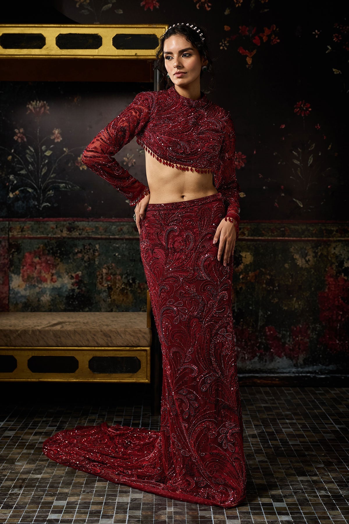 Maroon Embellished Trail Skirt Set