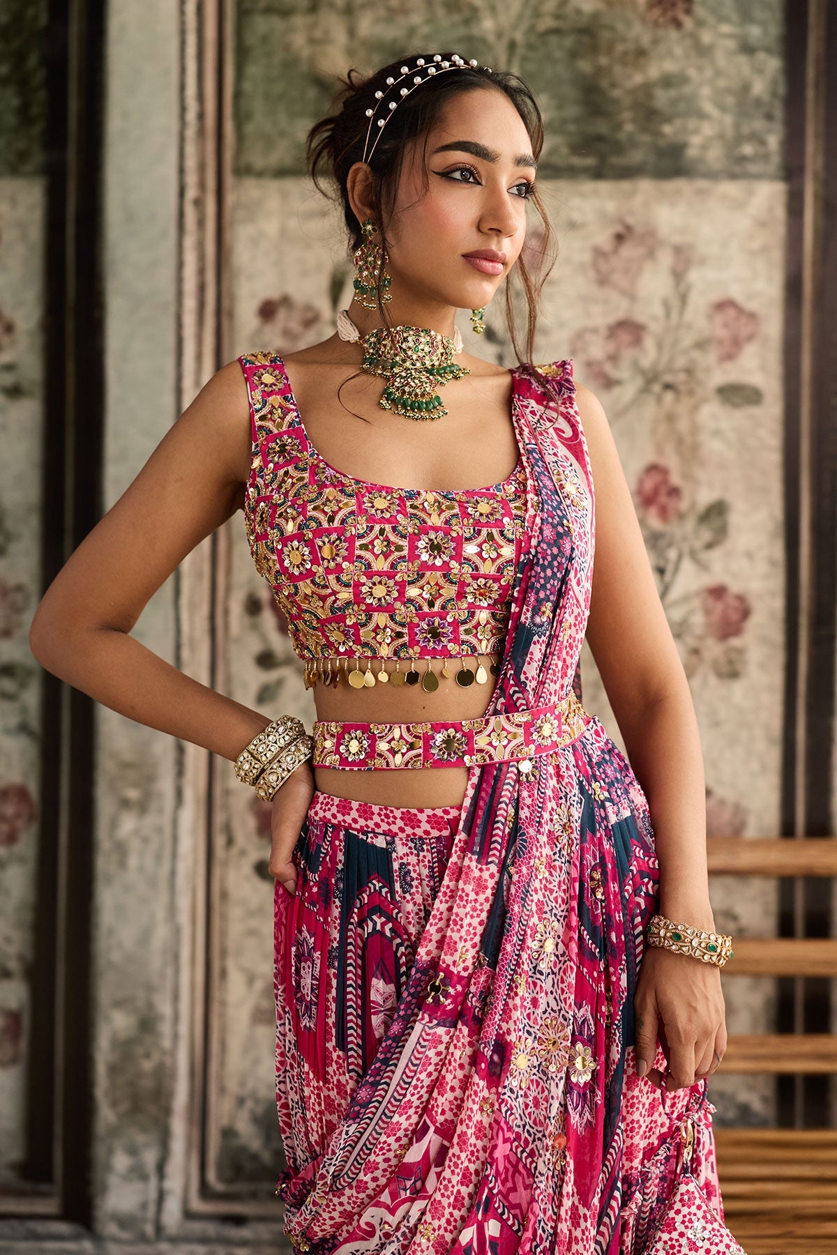 Fuschia Print And Highlighted Square Neck Blouse With Tiered Saree Set