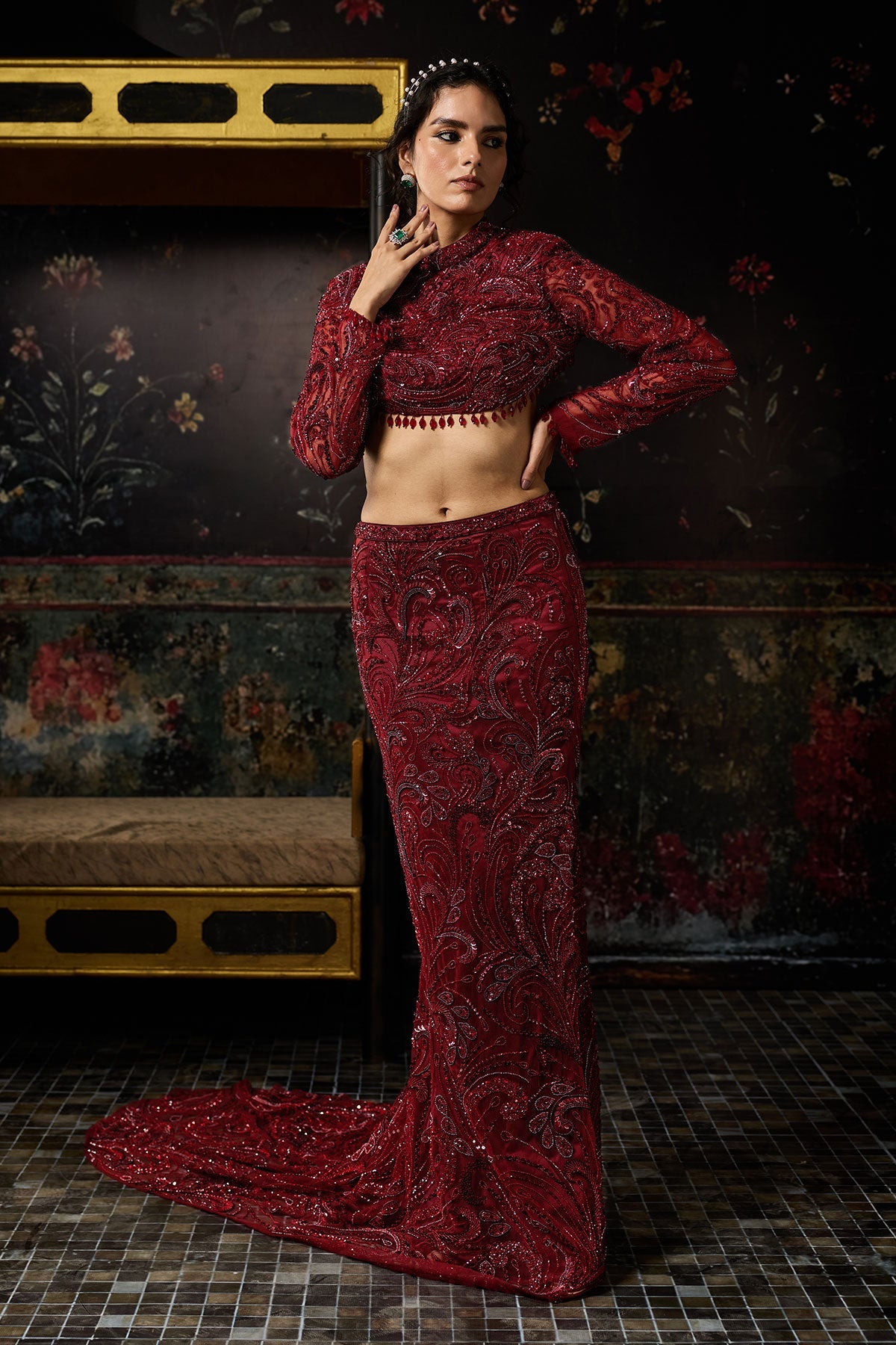 Maroon Embellished Trail Skirt Set