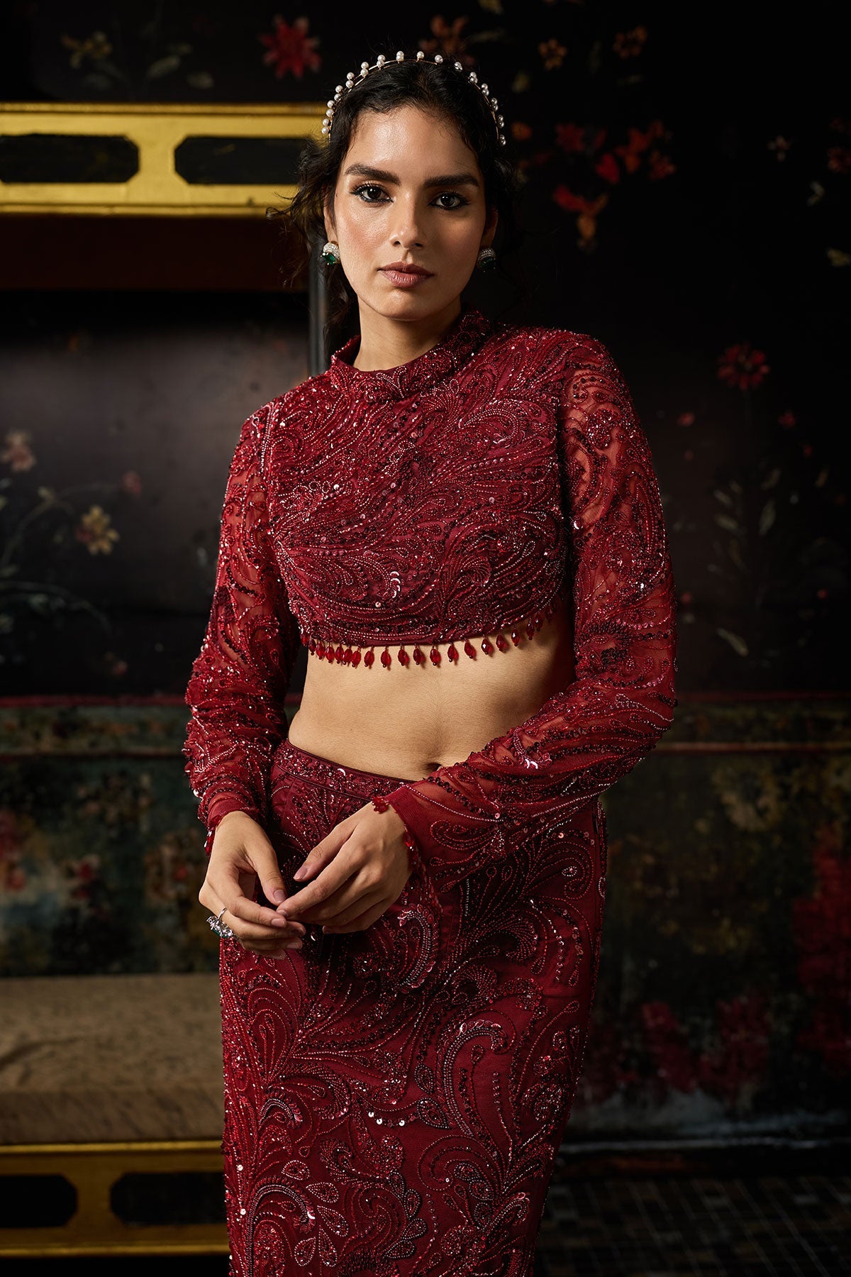 Maroon Embellished Trail Skirt Set