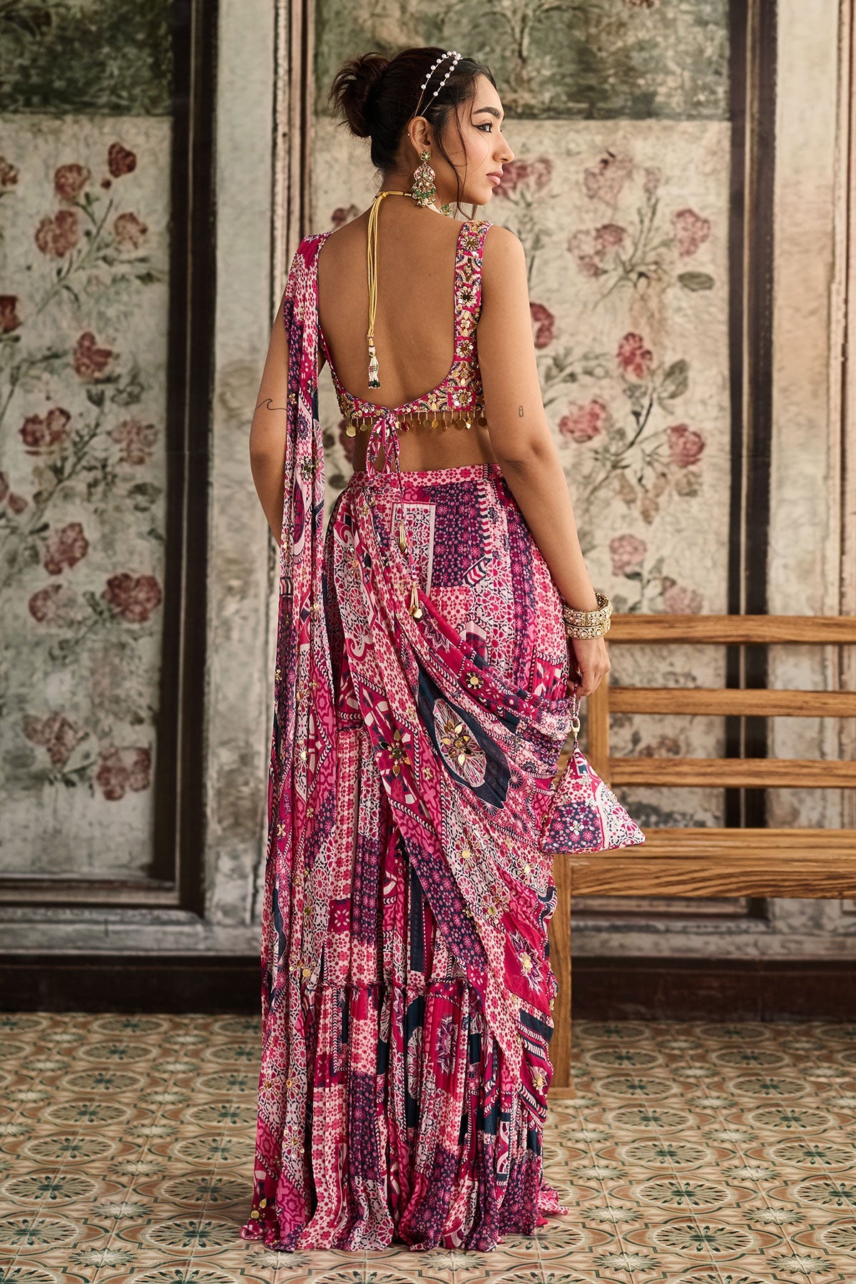 Fuschia Print And Highlighted Square Neck Blouse With Tiered Saree Set