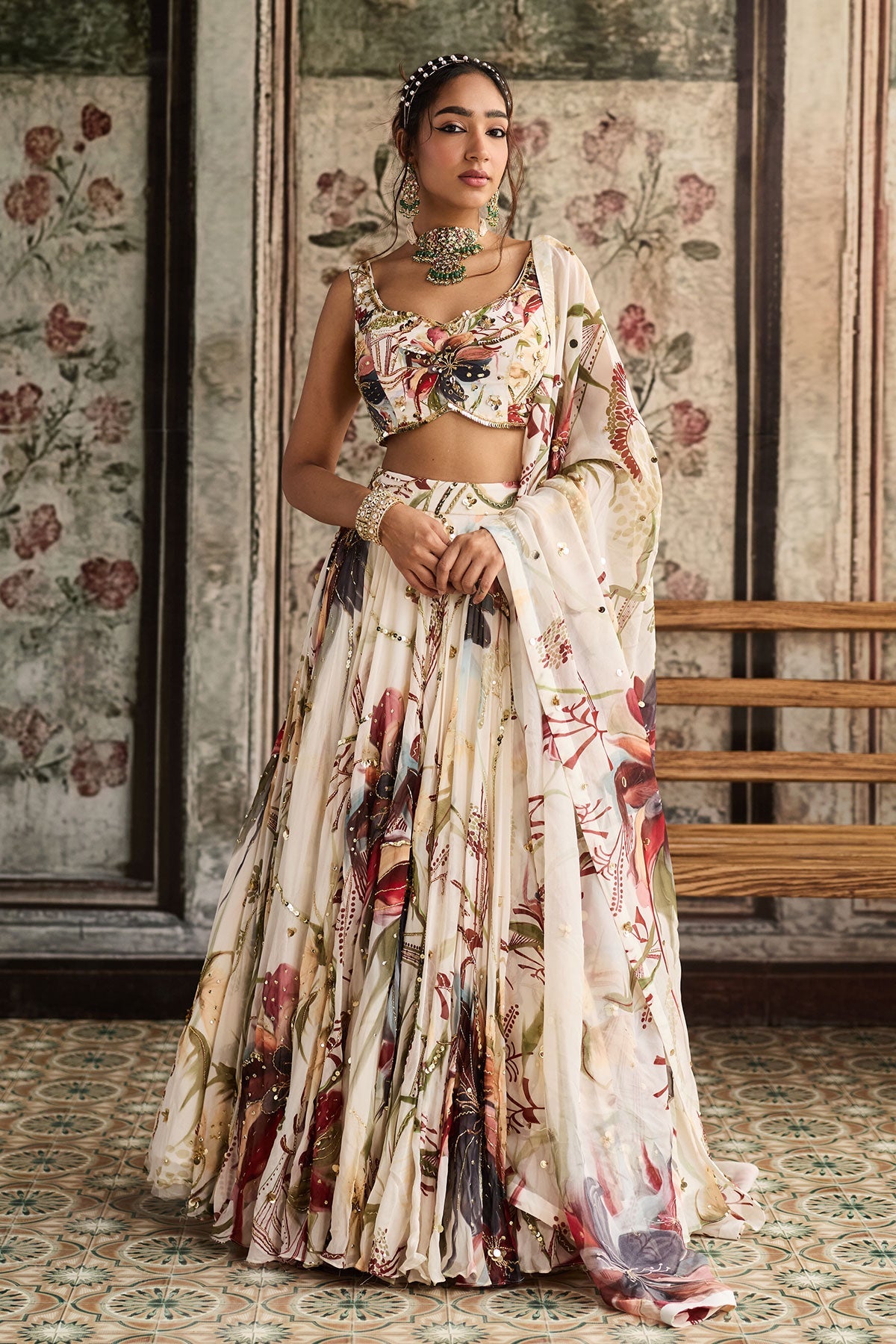 Ivory Floral Print And Highlighted Lehenga Set
