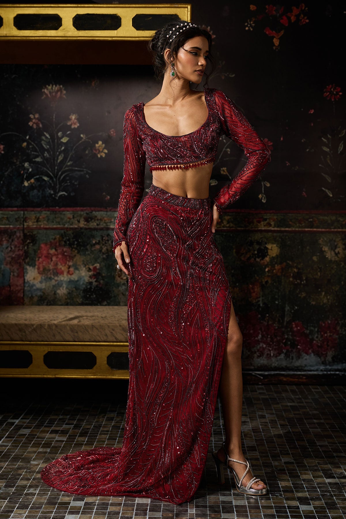 Maroon Embellished Trail Slit Skirt Set