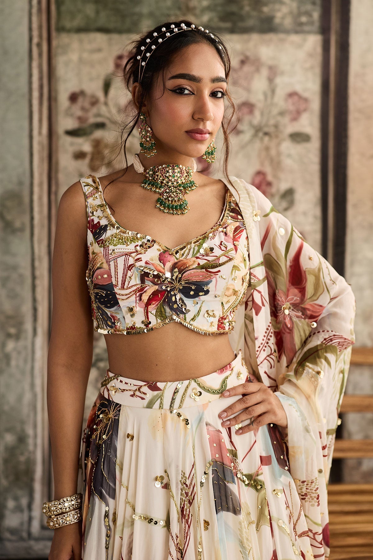 Ivory Floral Print And Highlighted Lehenga Set