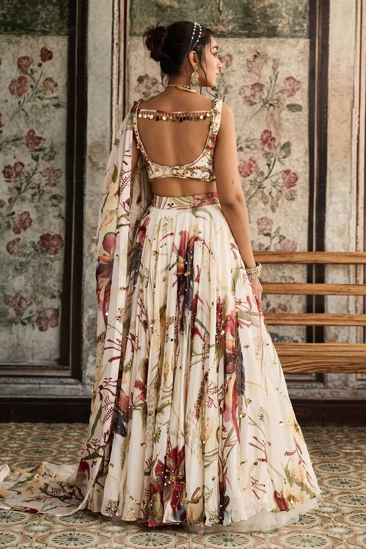Ivory Floral Print And Highlighted Lehenga Set