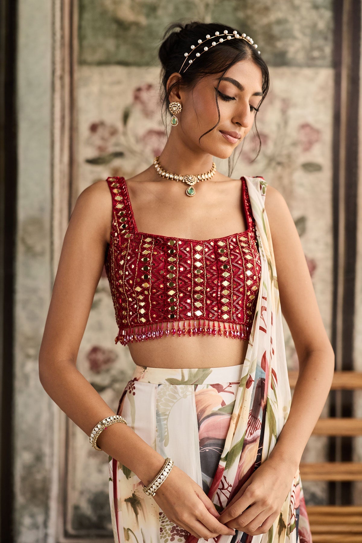 Ivory Floral Printed Mermaid Saree Set