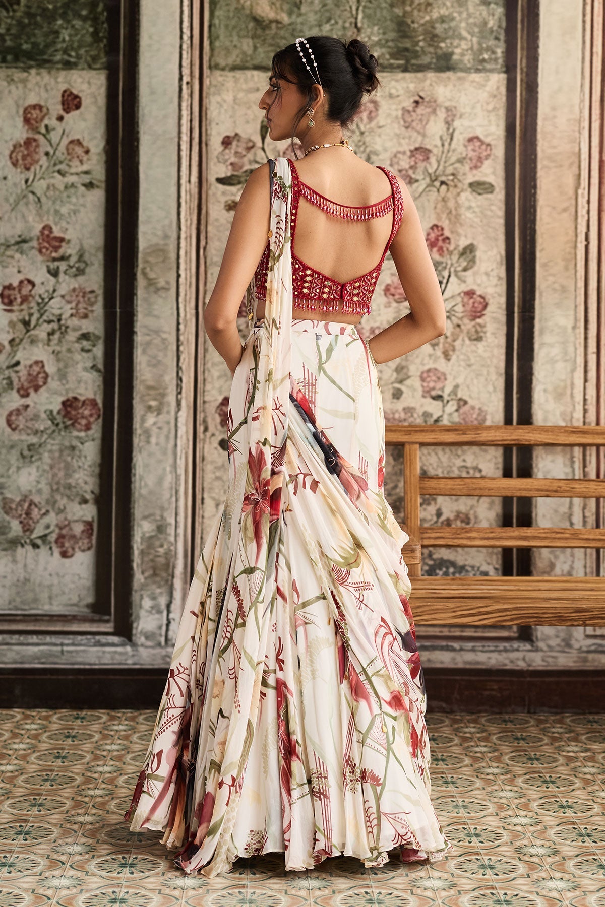 Ivory Floral Printed Mermaid Saree Set