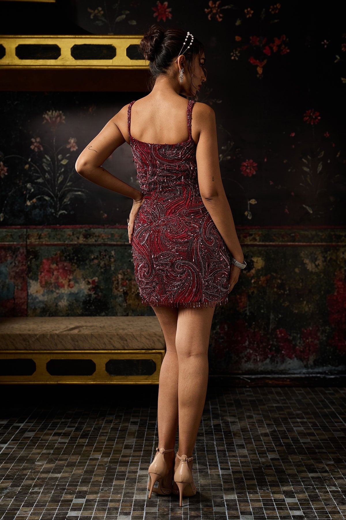 Maroon  Embellished  Mini Dress