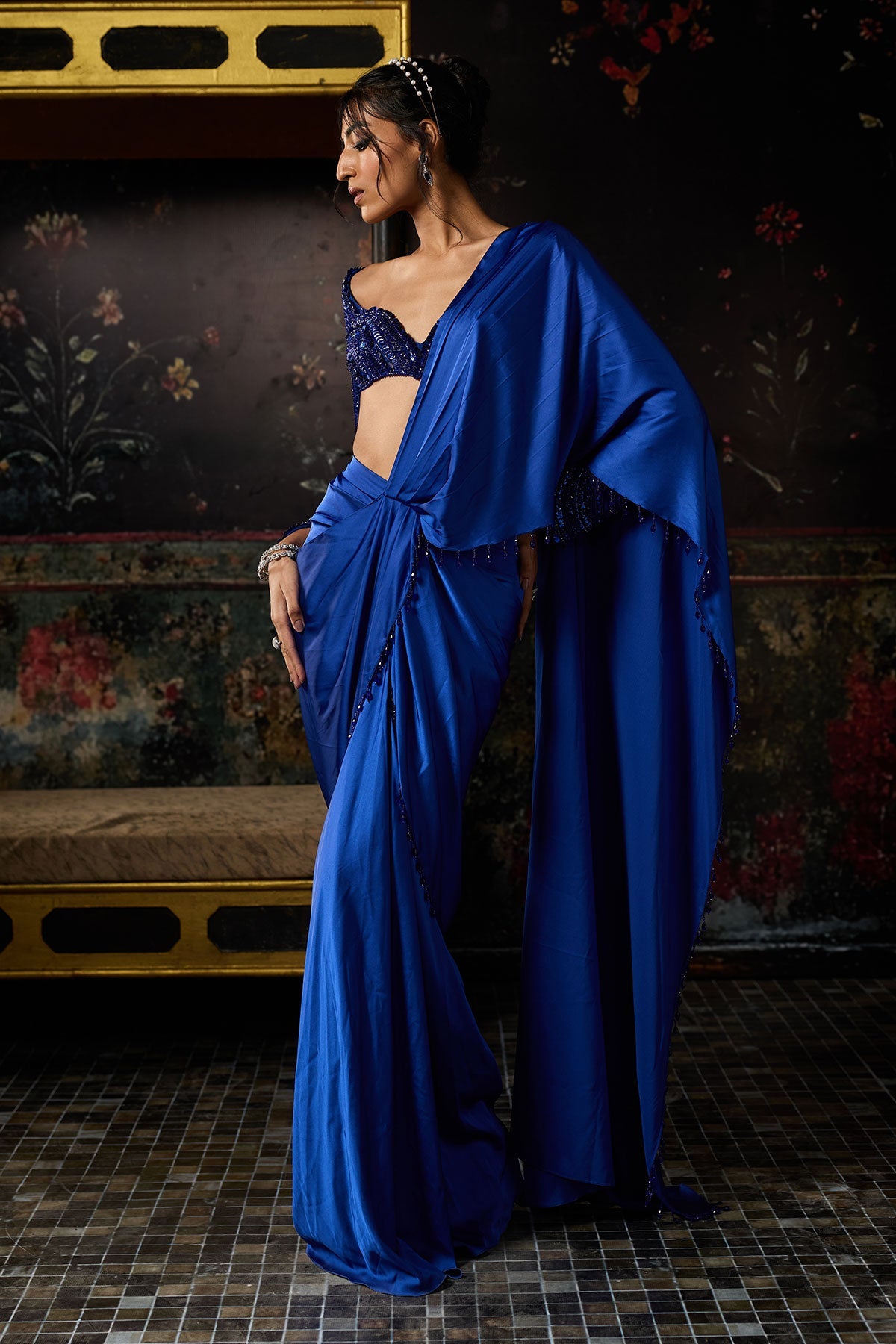 Electric Blue Embellished Dhoti Skirt Saree Set