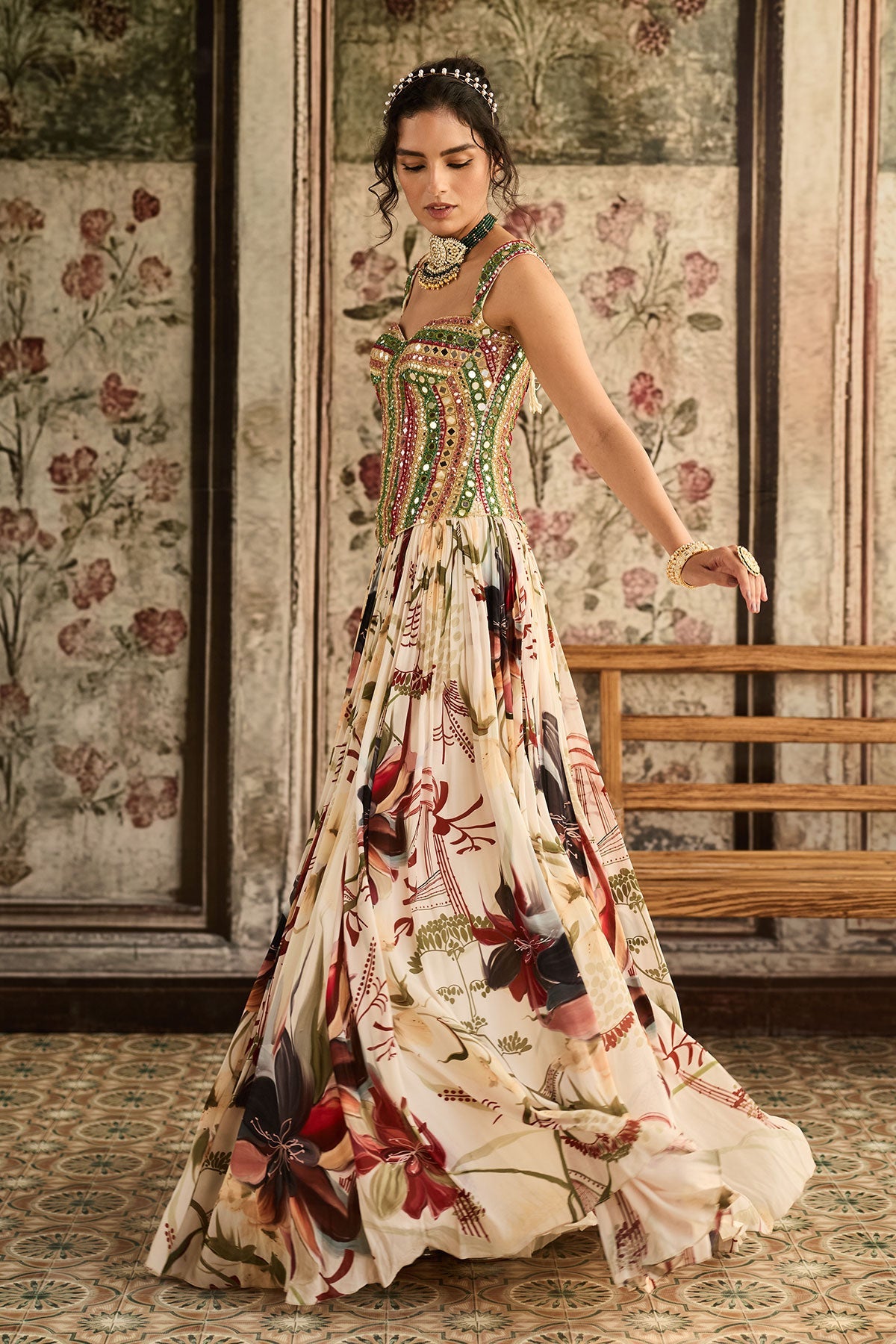 Ivory Floral Printed Lehenga Set