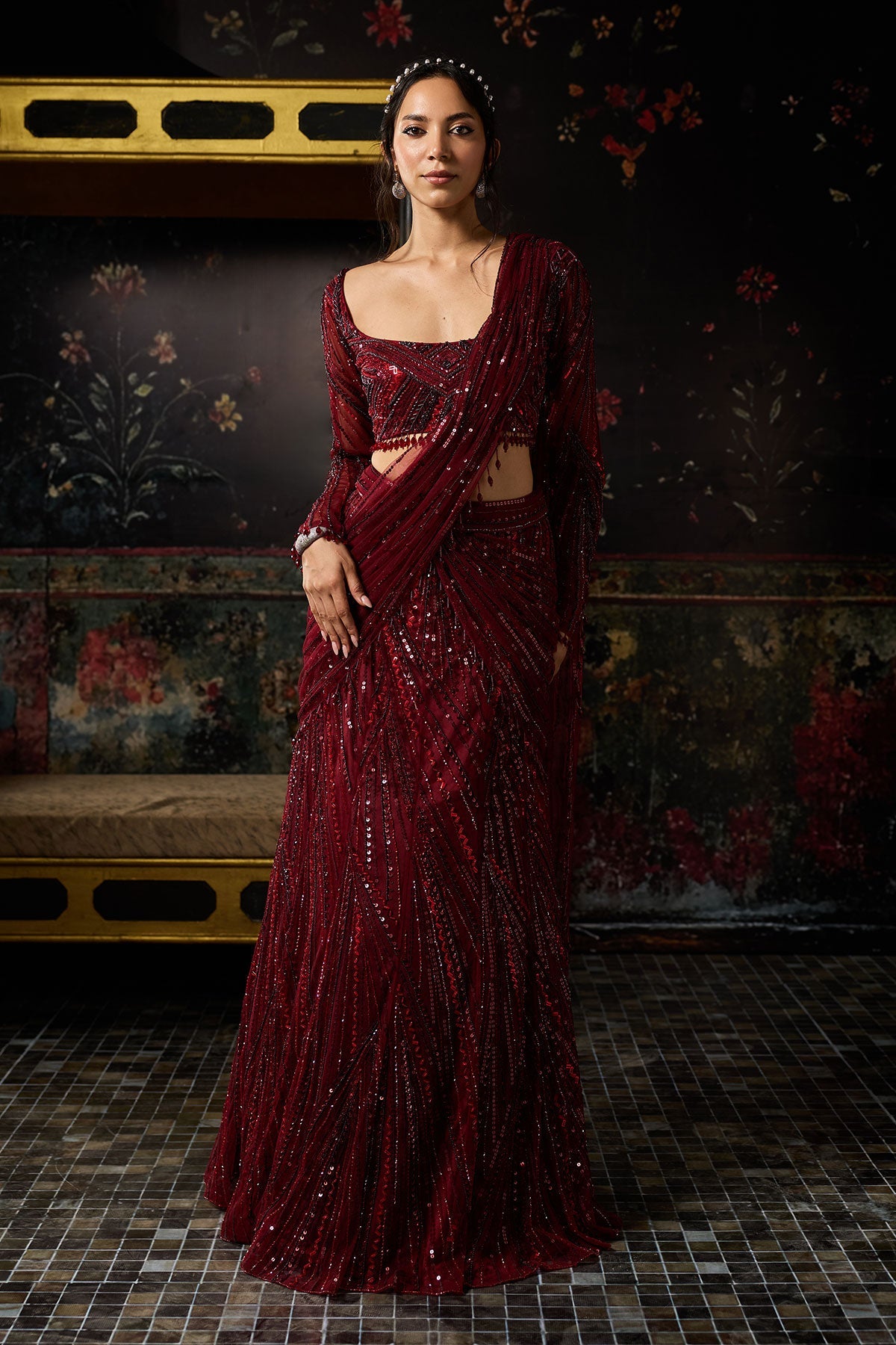 Maroon Embellished Mermaid Skirt Saree Set