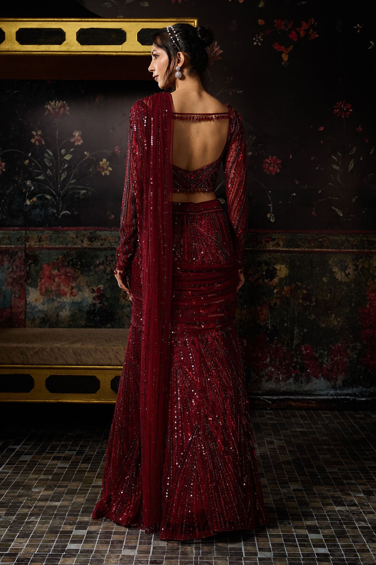 Maroon Embellished Mermaid Skirt Saree Set