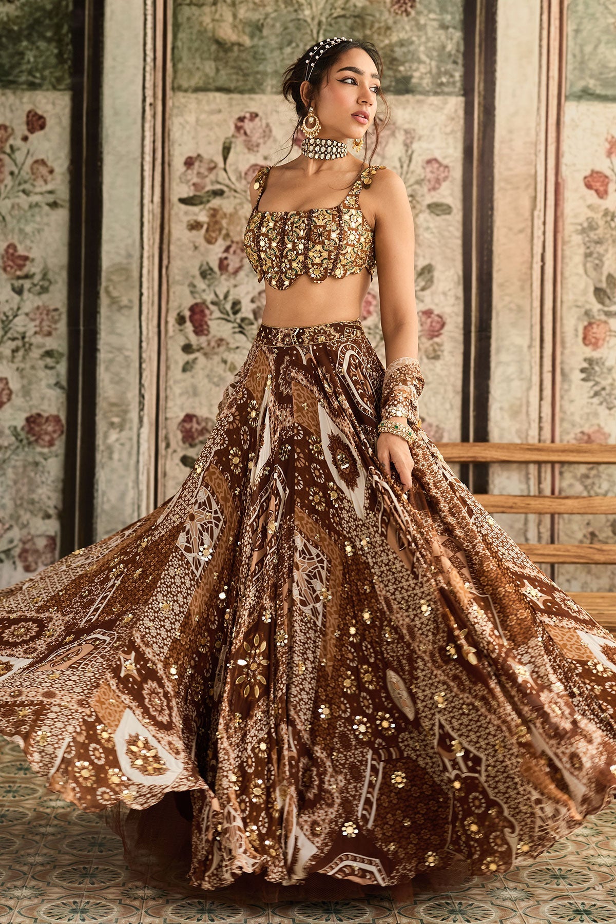 Caramel Print And Highlighted Scallop Blouse Lehenga Set