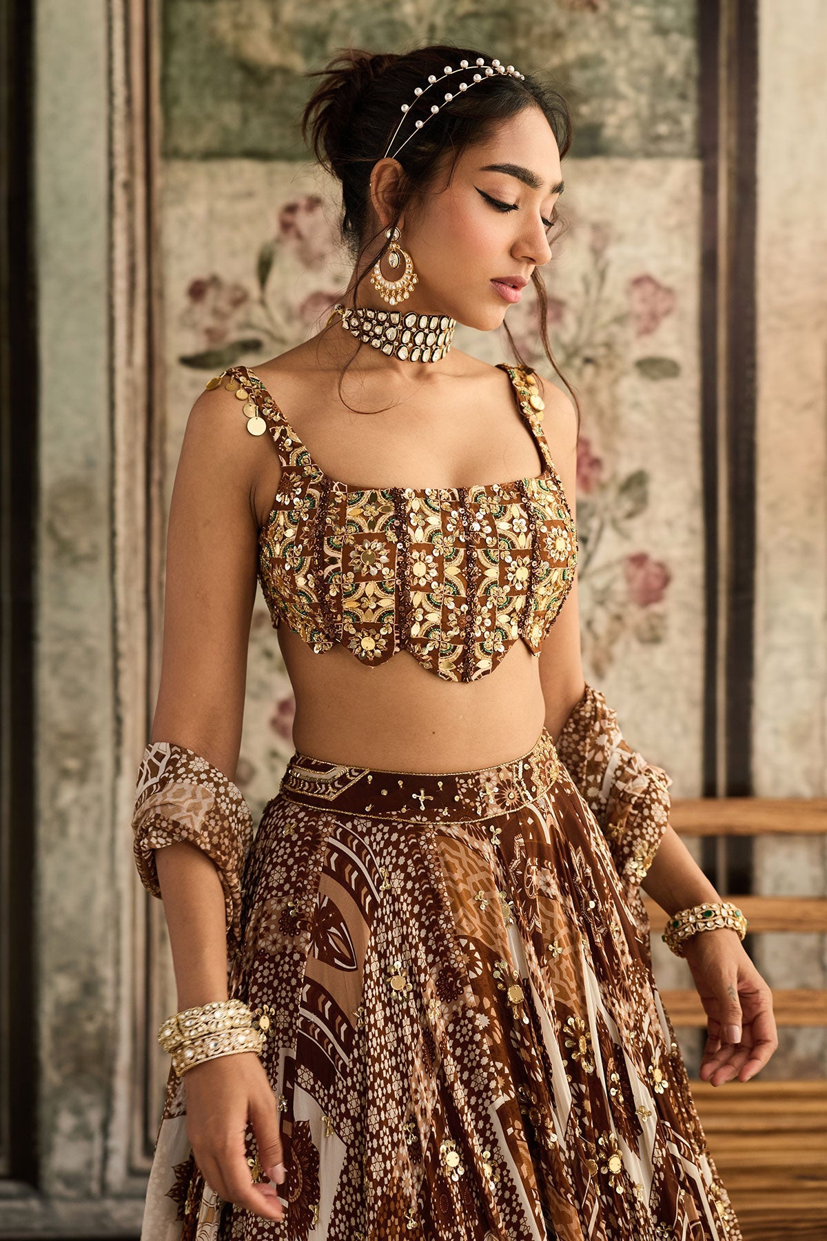 Caramel Print And Highlighted Scallop Blouse Lehenga Set