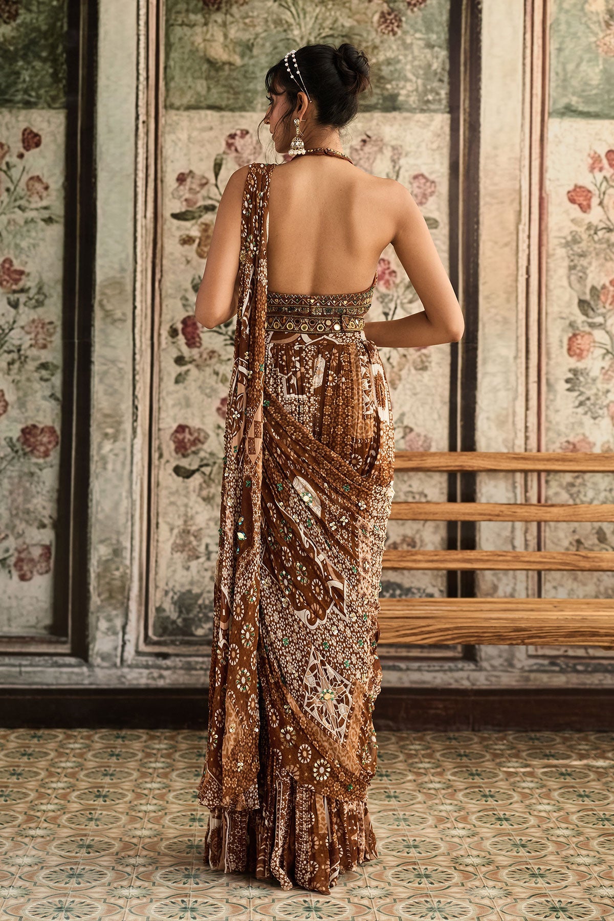 Caramel Embroidered Halter Blouse And Caramel Print & Highlighted Saree Set
