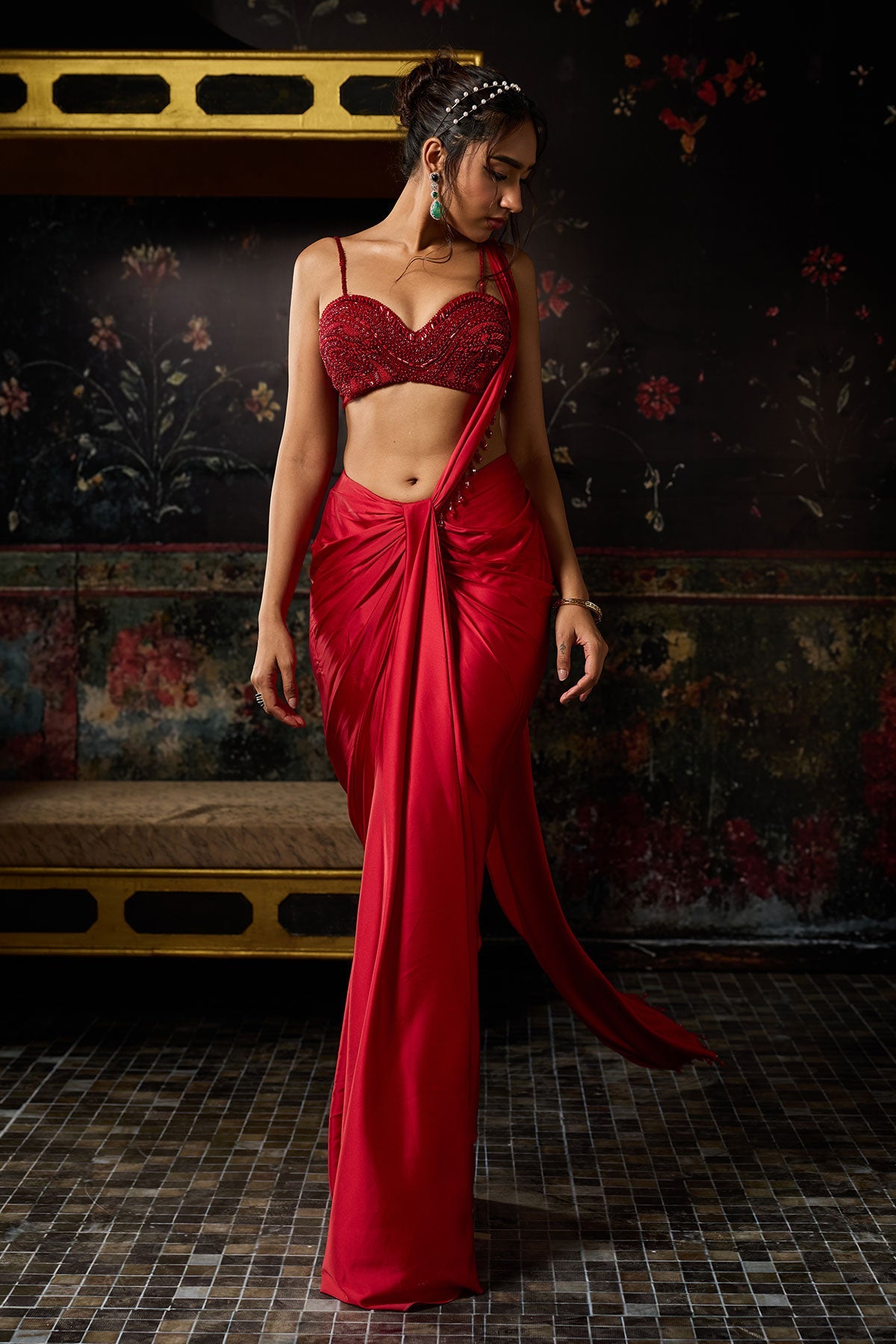 Red Embellished Blouse With Drape Skirt Saree Set