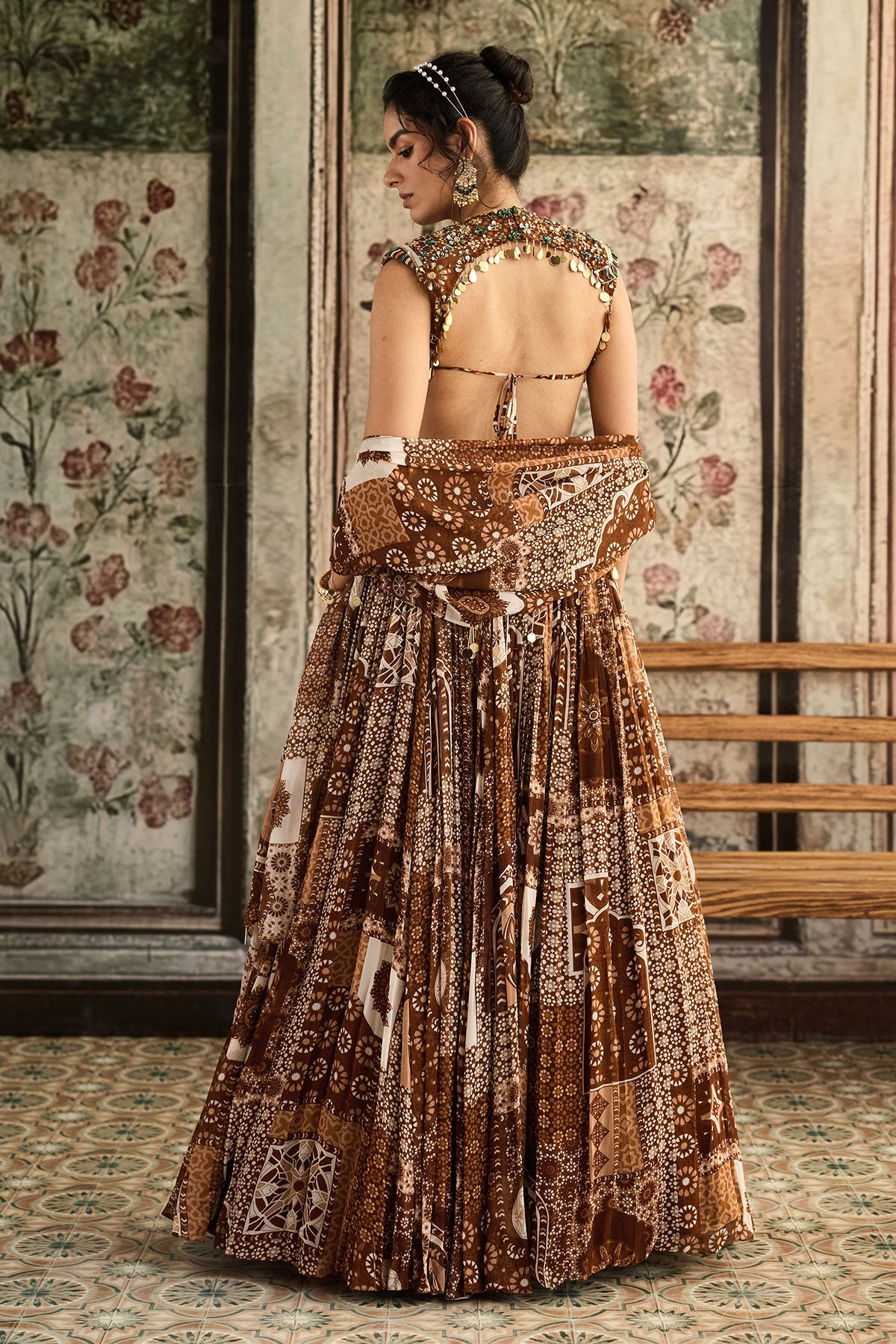 Caramel Print And Highlighted Blouse And Lehenga Set
