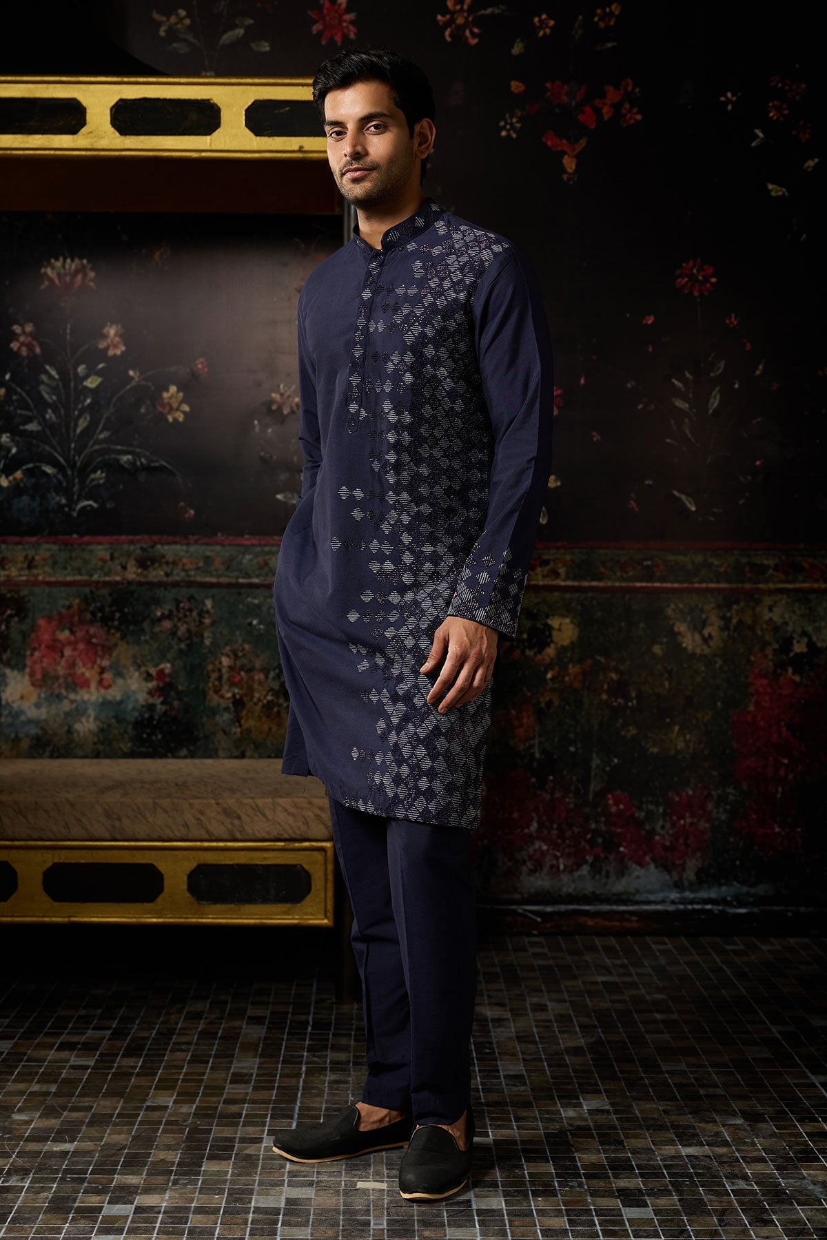 Dark Blue Embroidered Kurta & Pants