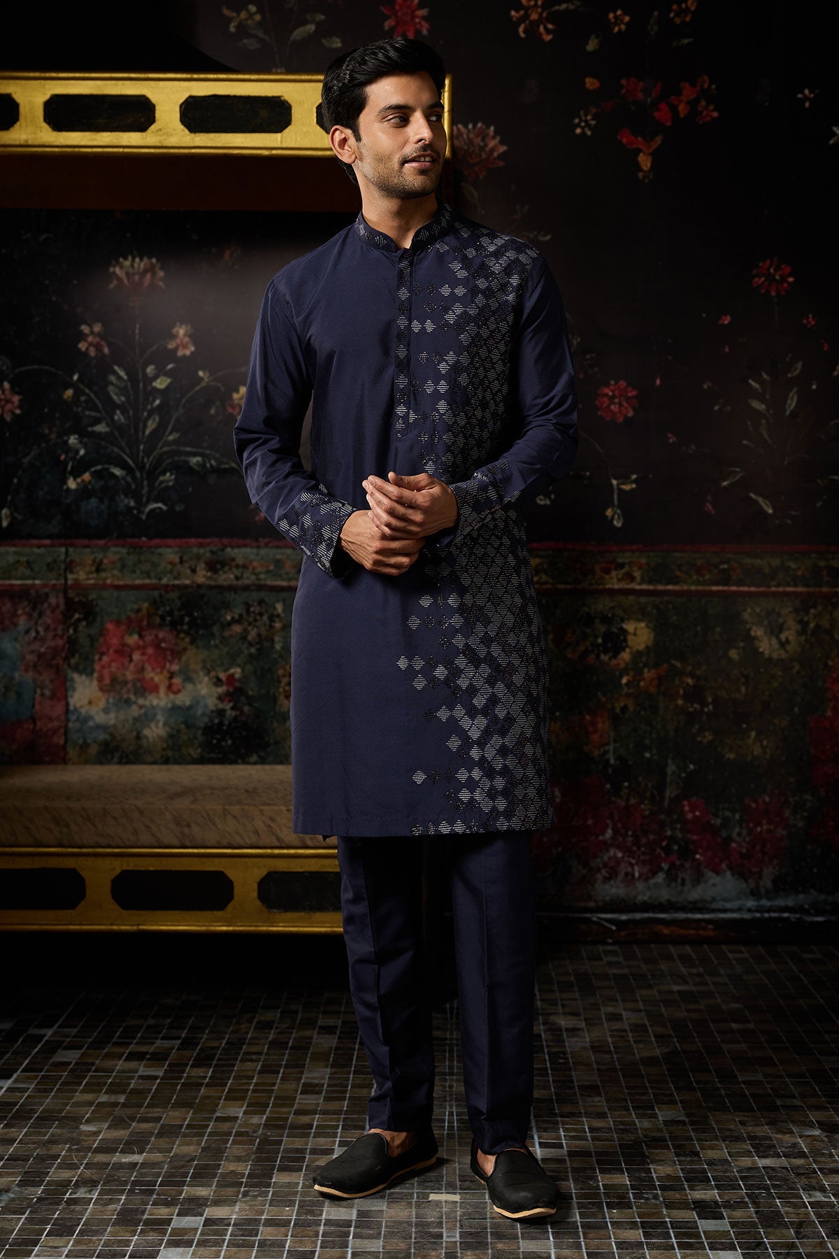 Dark Blue Embroidered Kurta & Pants