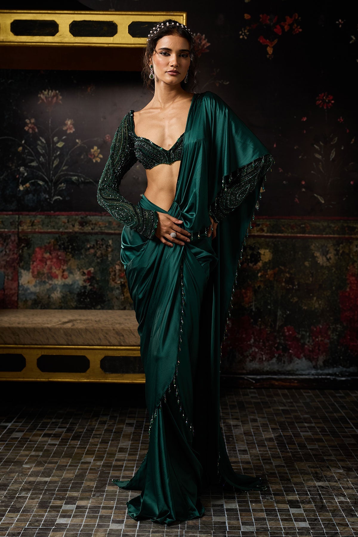 Emerald Green Embellished Dhoti Skirt Saree Set