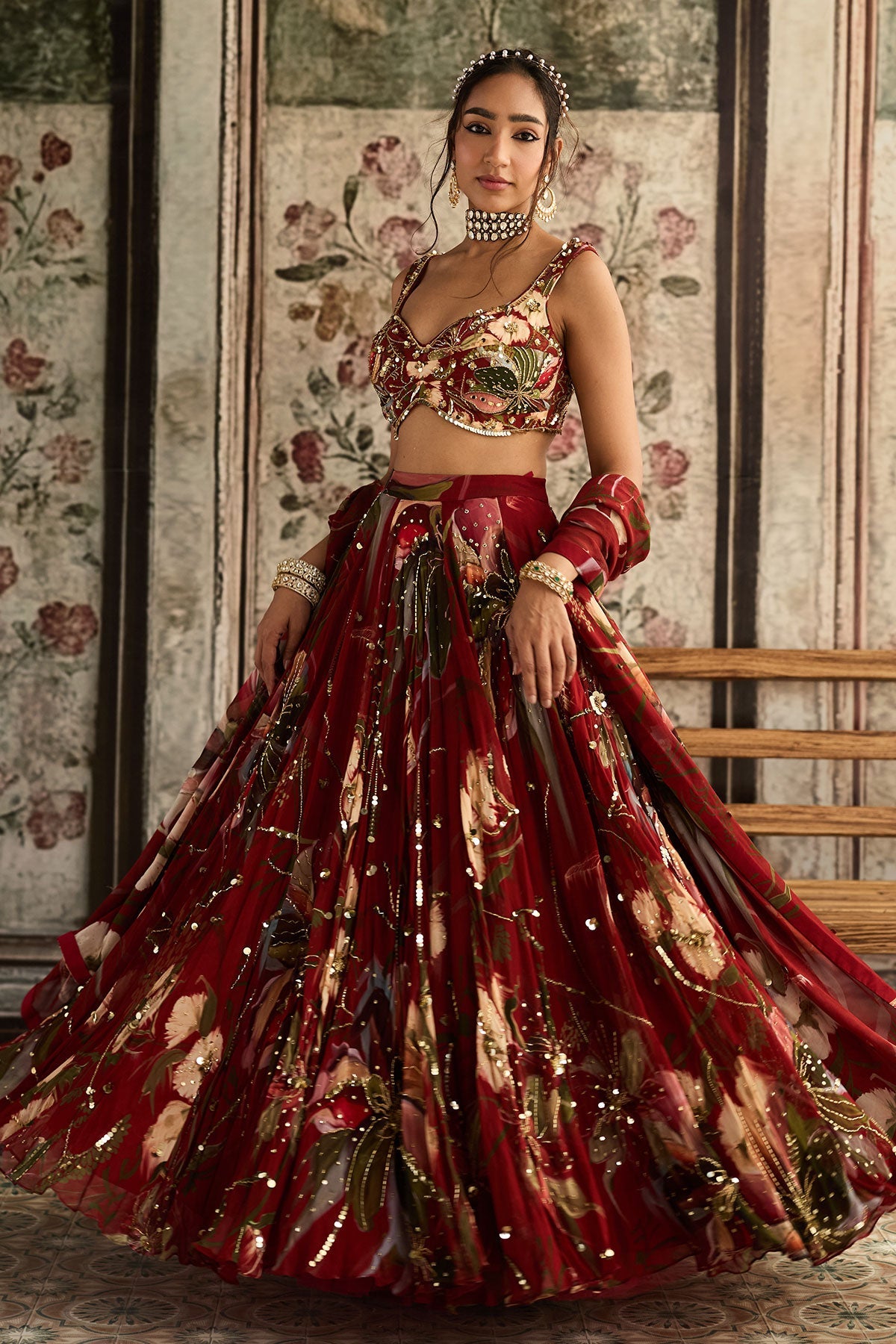 Red Floral Print And Highlighted Lehenga Set