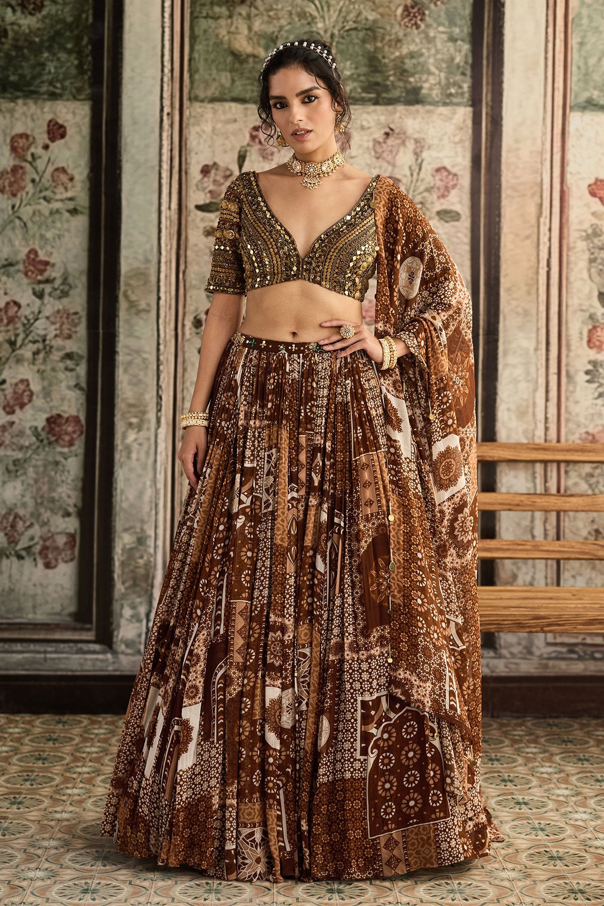 Caramel Metallic Embroidered Blouse And Caramel Printed Lehenga Set