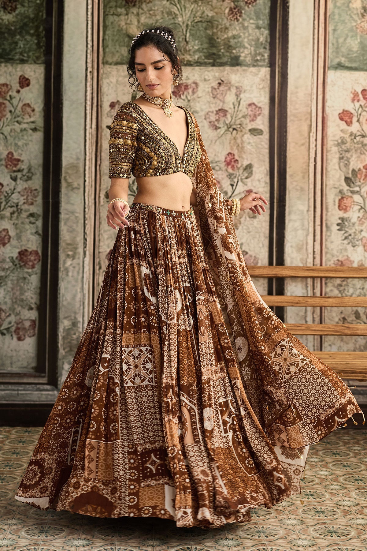 Caramel Metallic Embroidered Blouse And Caramel Printed Lehenga Set