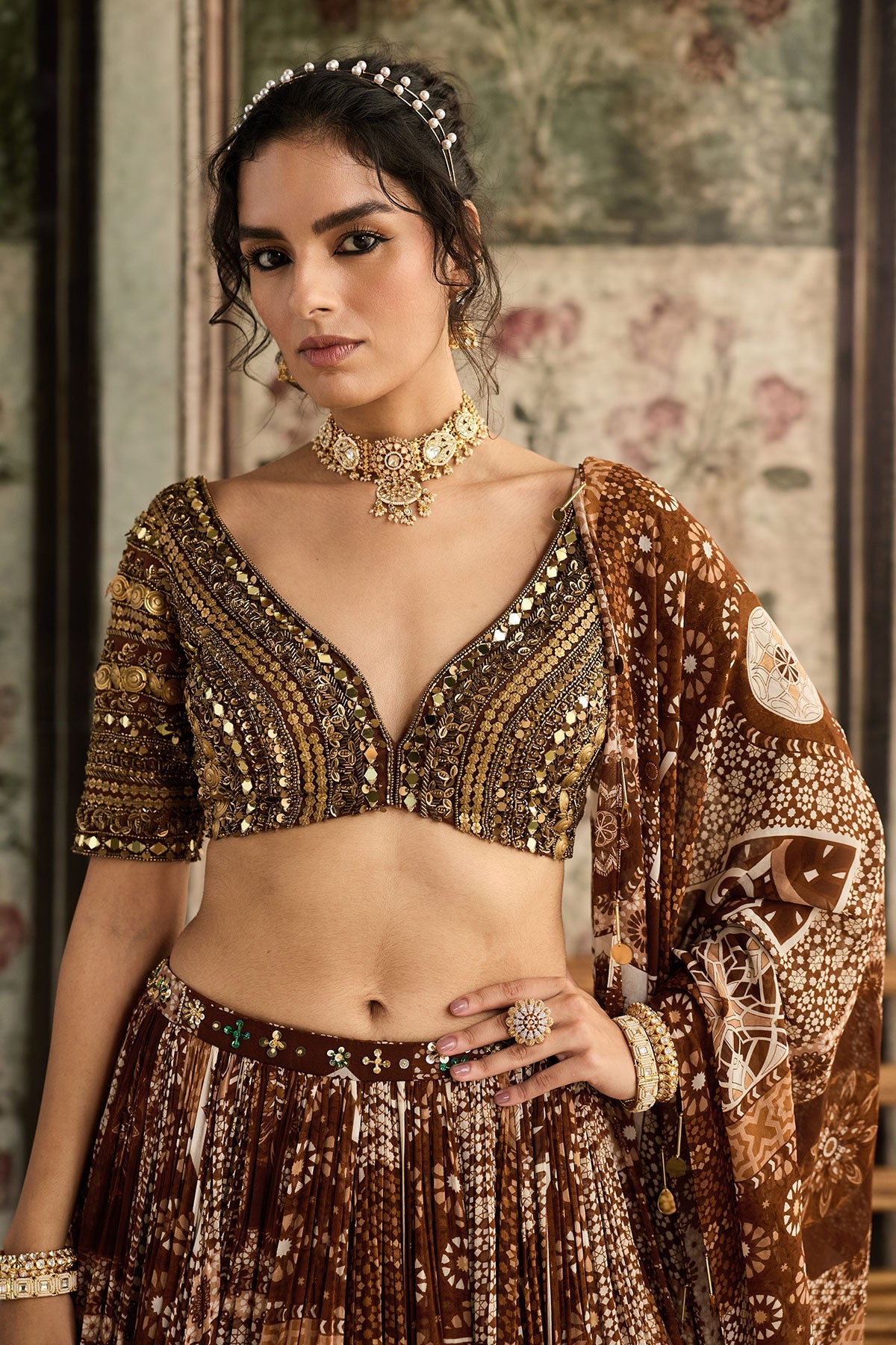 Caramel Metallic Embroidered Blouse And Caramel Printed Lehenga Set