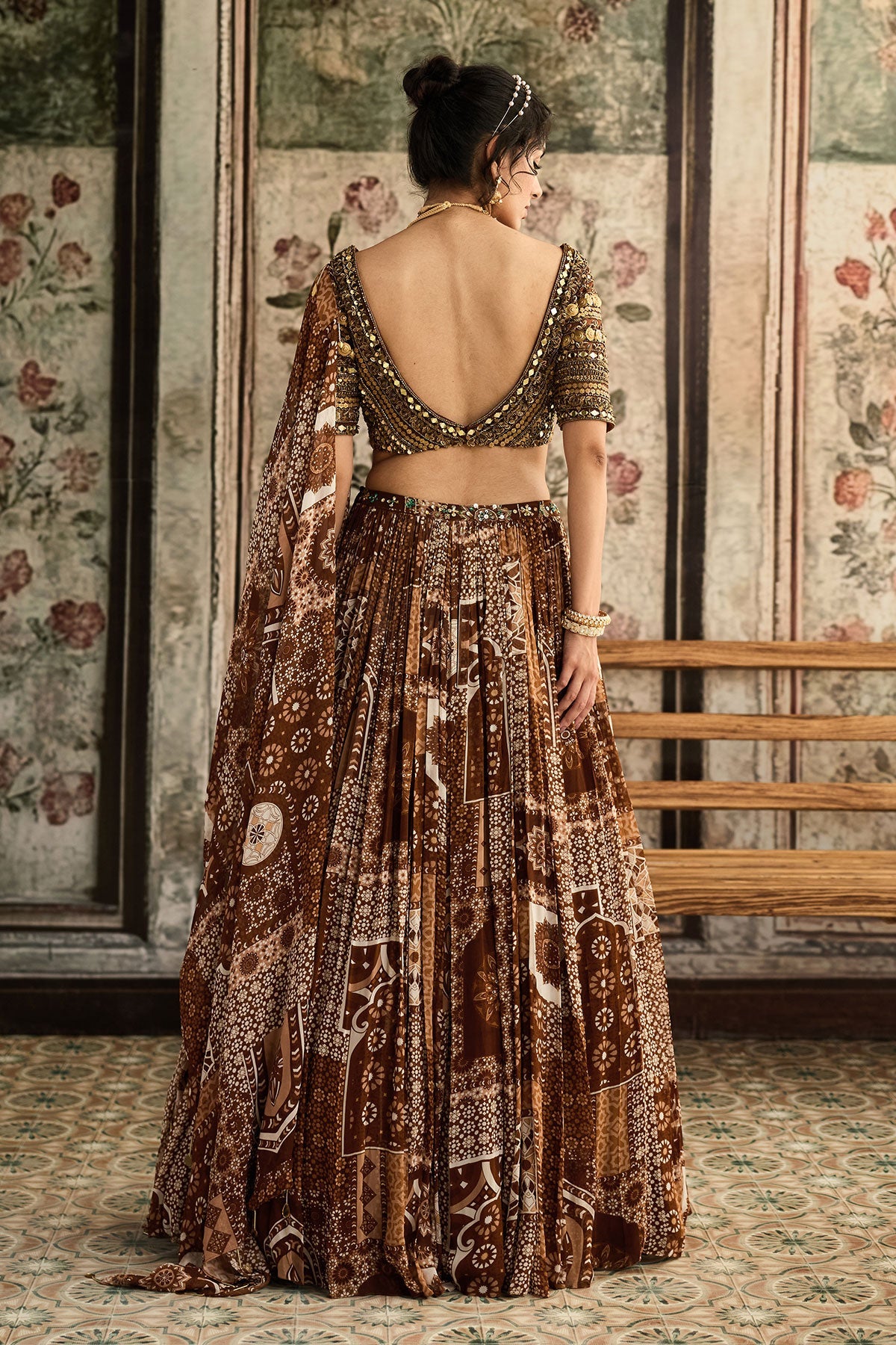 Caramel Metallic Embroidered Blouse And Caramel Printed Lehenga Set