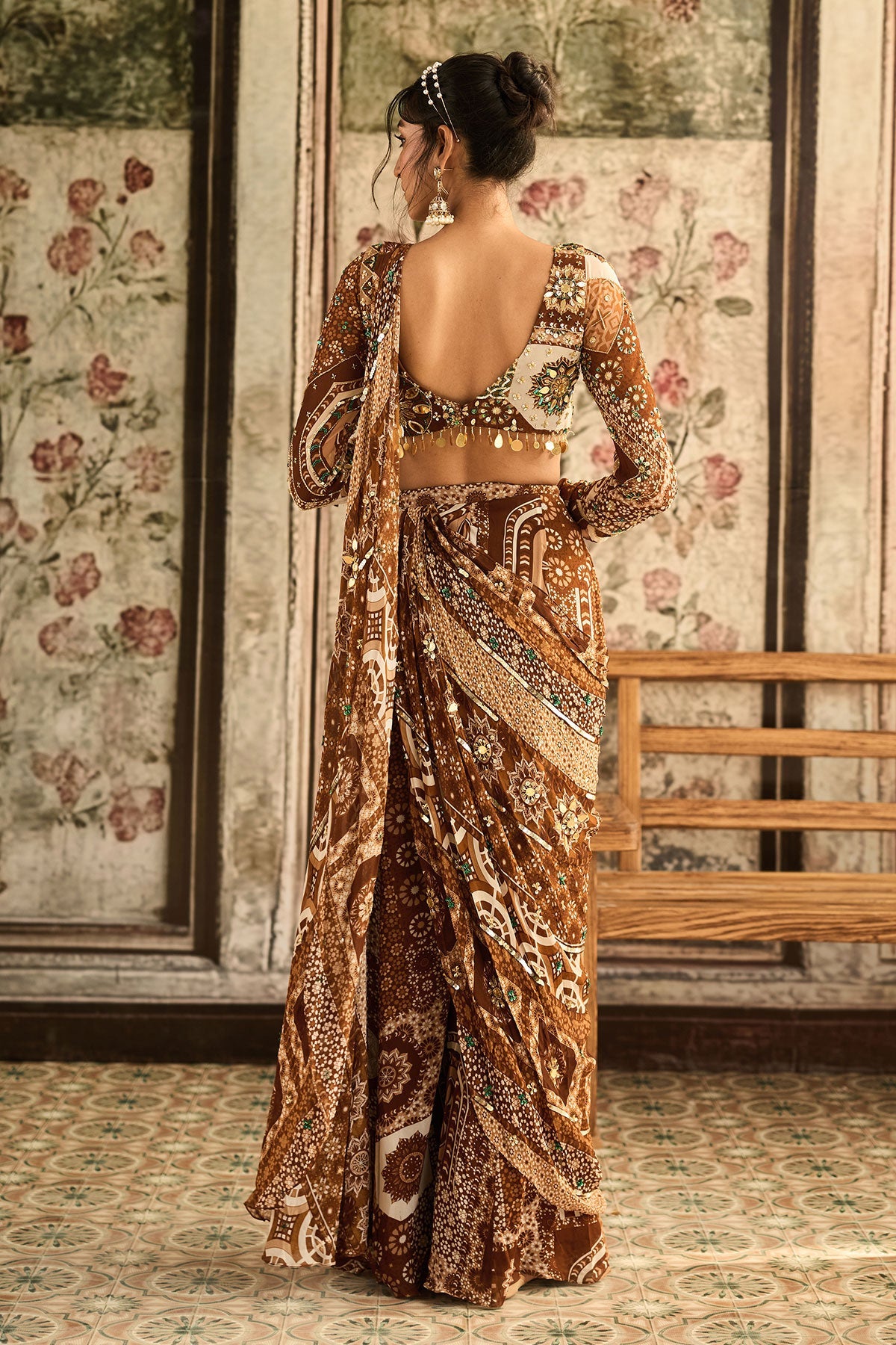 Caramel Print And Highlighted Plunge Neck Blouse With Sharara Saree Set