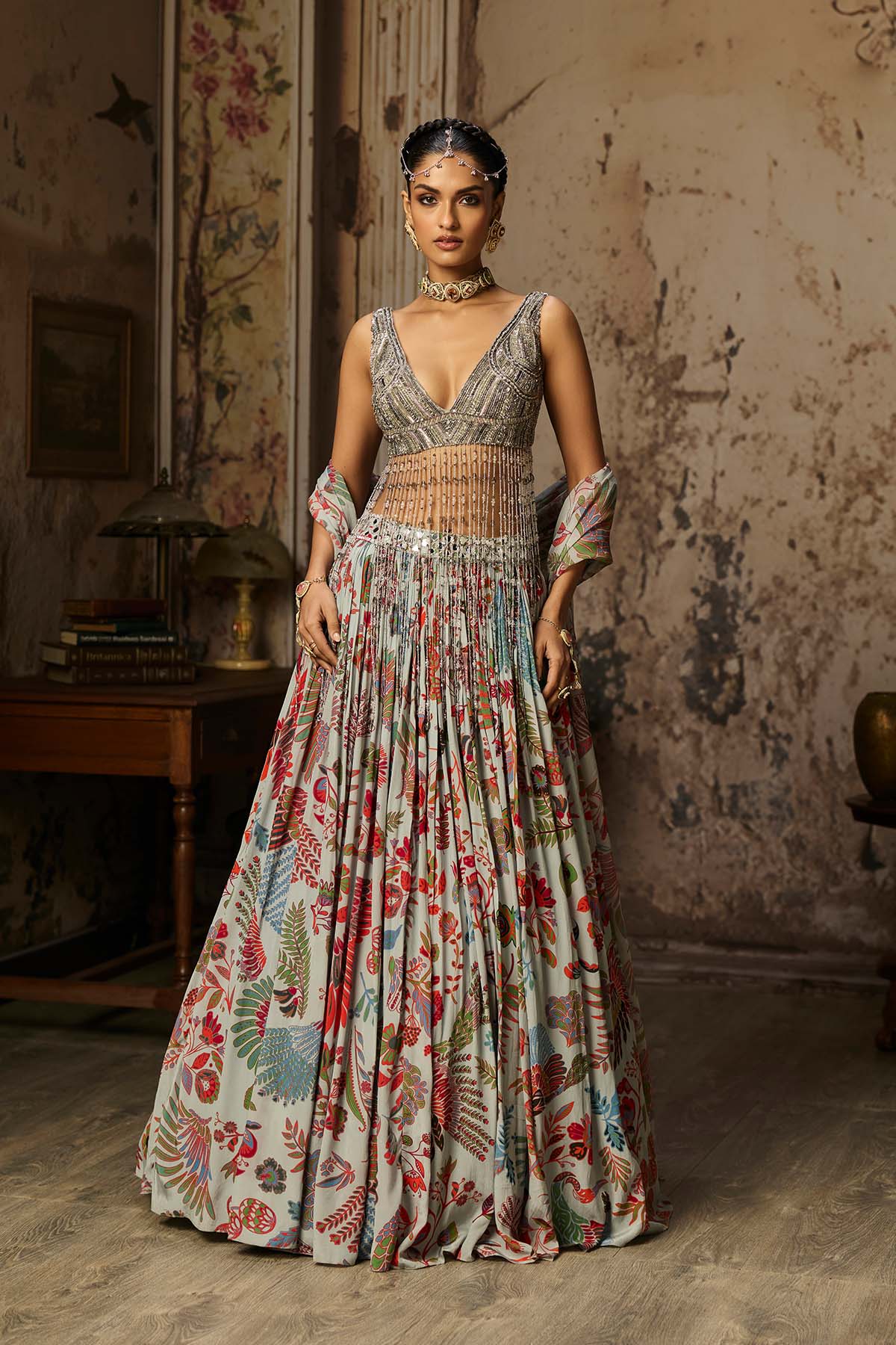 SLATE GREY EMBROIDERED BLOUSE AND PRINTED LEHENGA SET