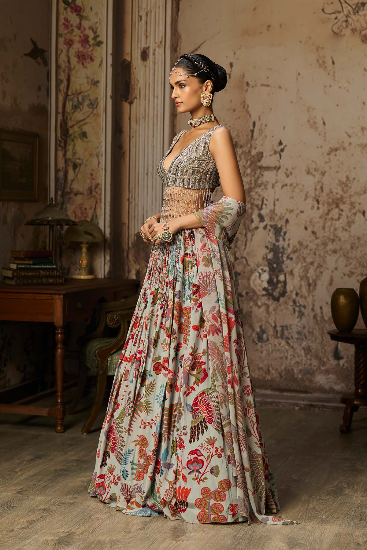 SLATE GREY EMBROIDERED BLOUSE AND PRINTED LEHENGA SET