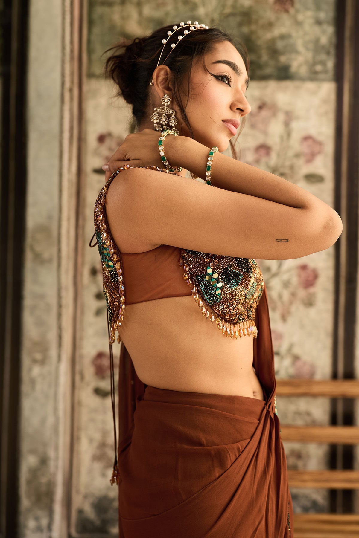 Caramel Embroidered Pre-Draped Saree Set