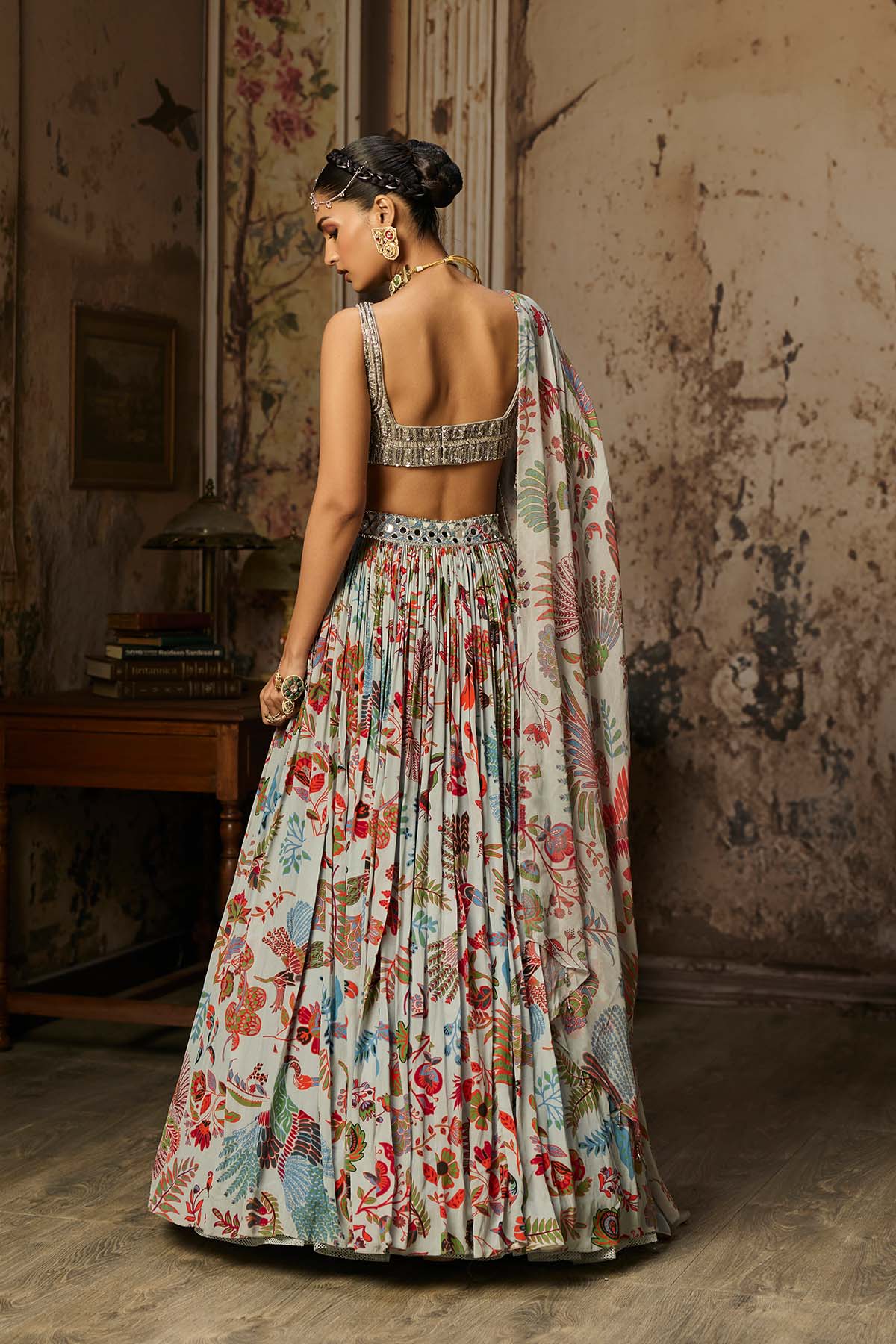SLATE GREY EMBROIDERED BLOUSE AND PRINTED LEHENGA SET